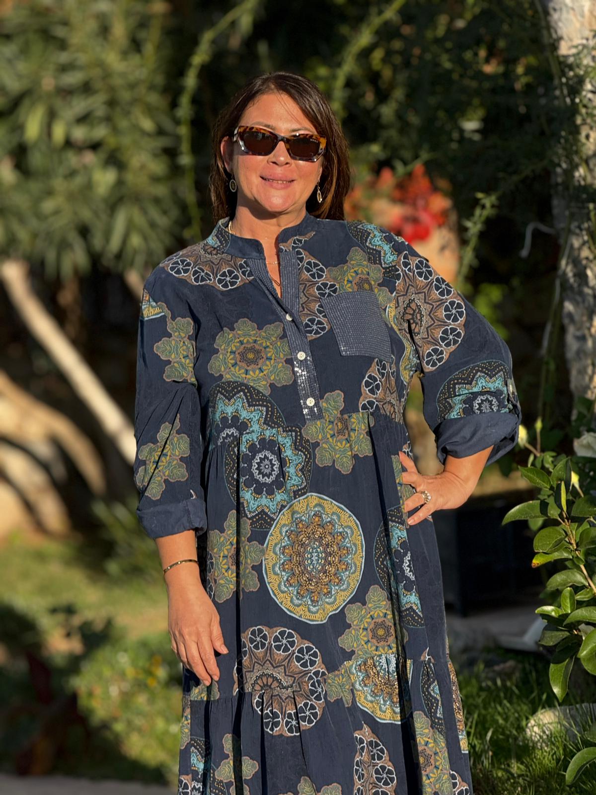 YG12573 Mandala Desen İtalyan Kadife Elbise Lacivert