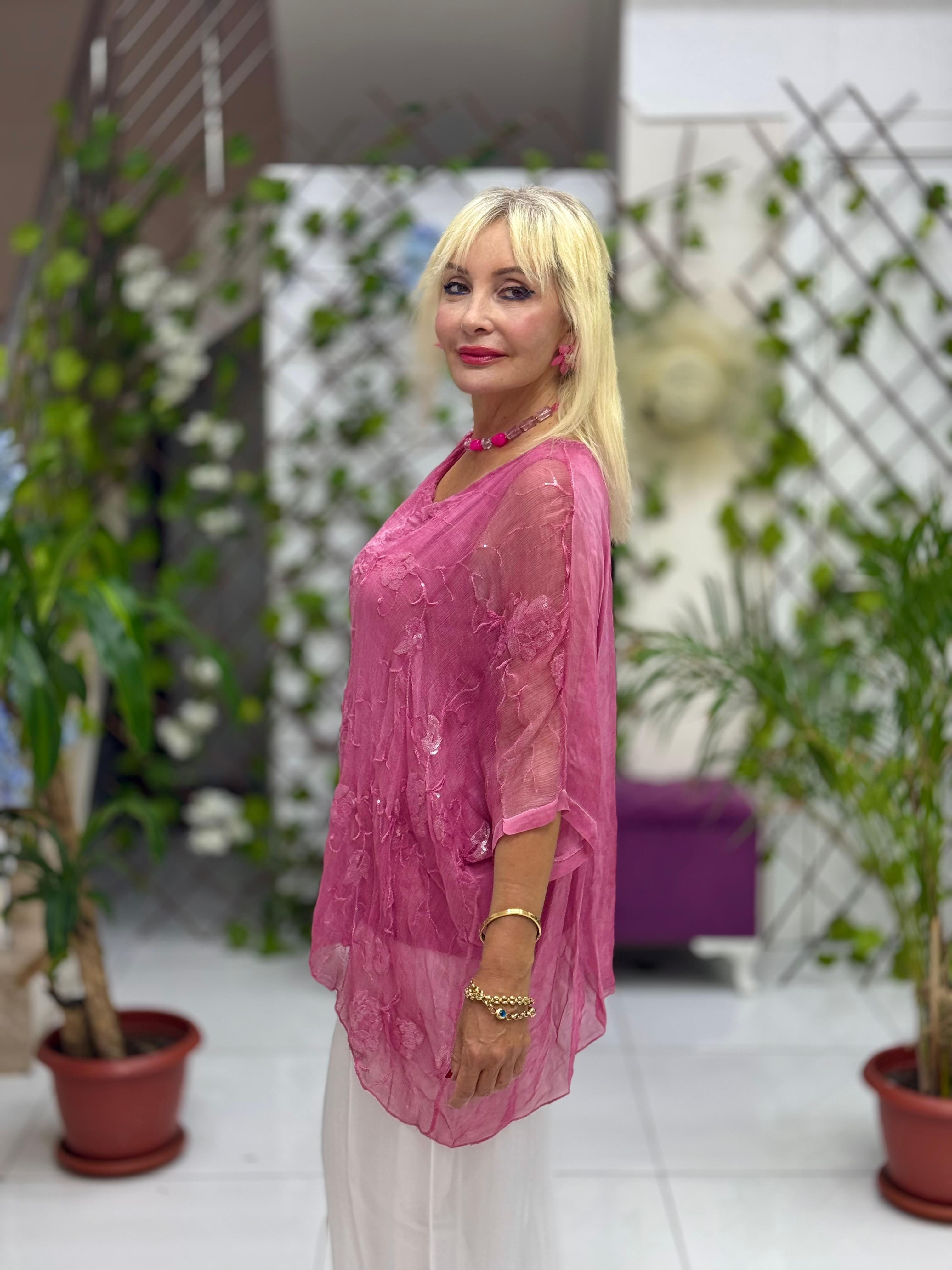 NC66893 İtalyan Pul Payetli İpek Bluz Gül Kurusu 