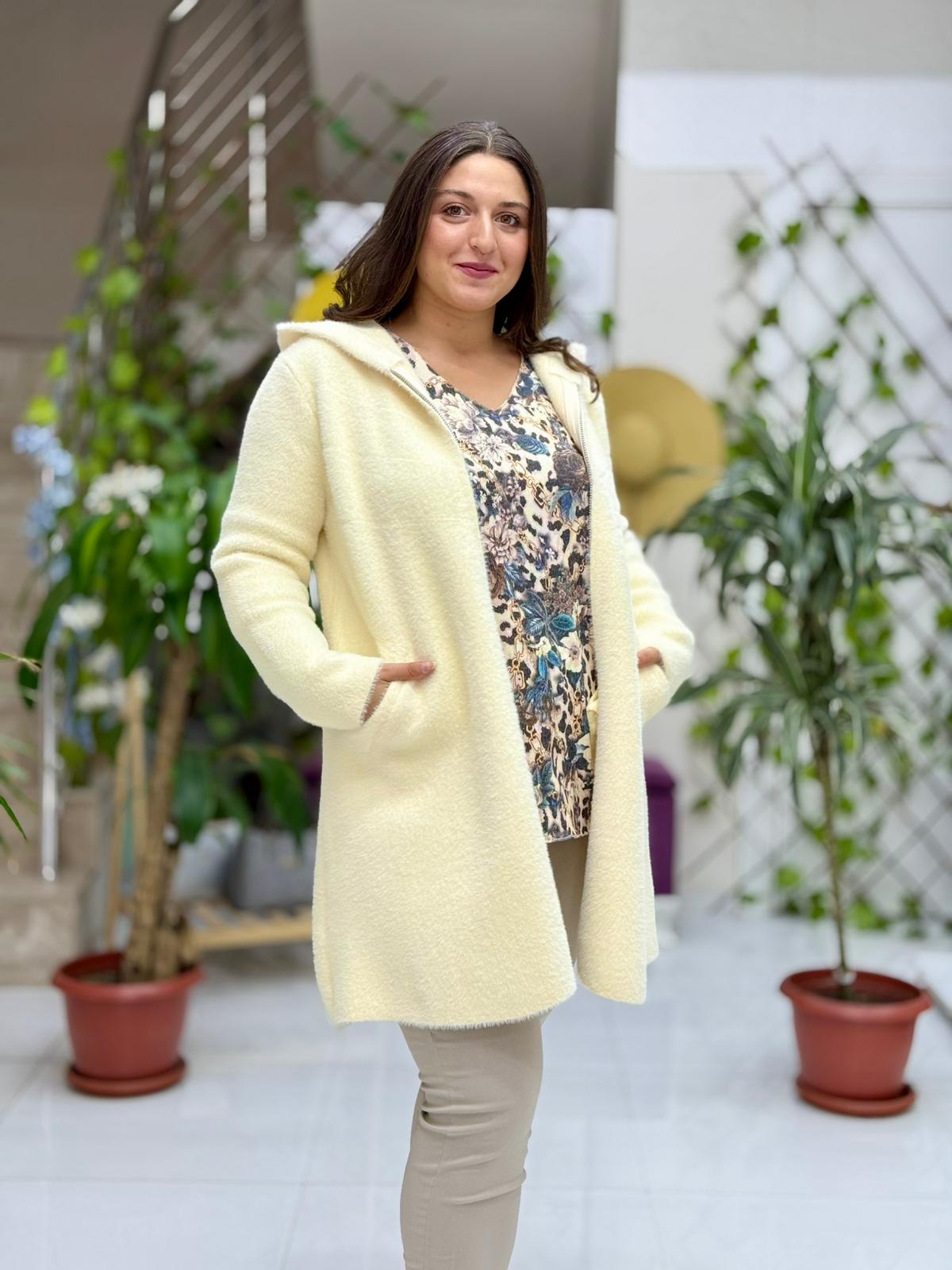 N33035 Kapüşonlu Cepli Angora Kaban Krem