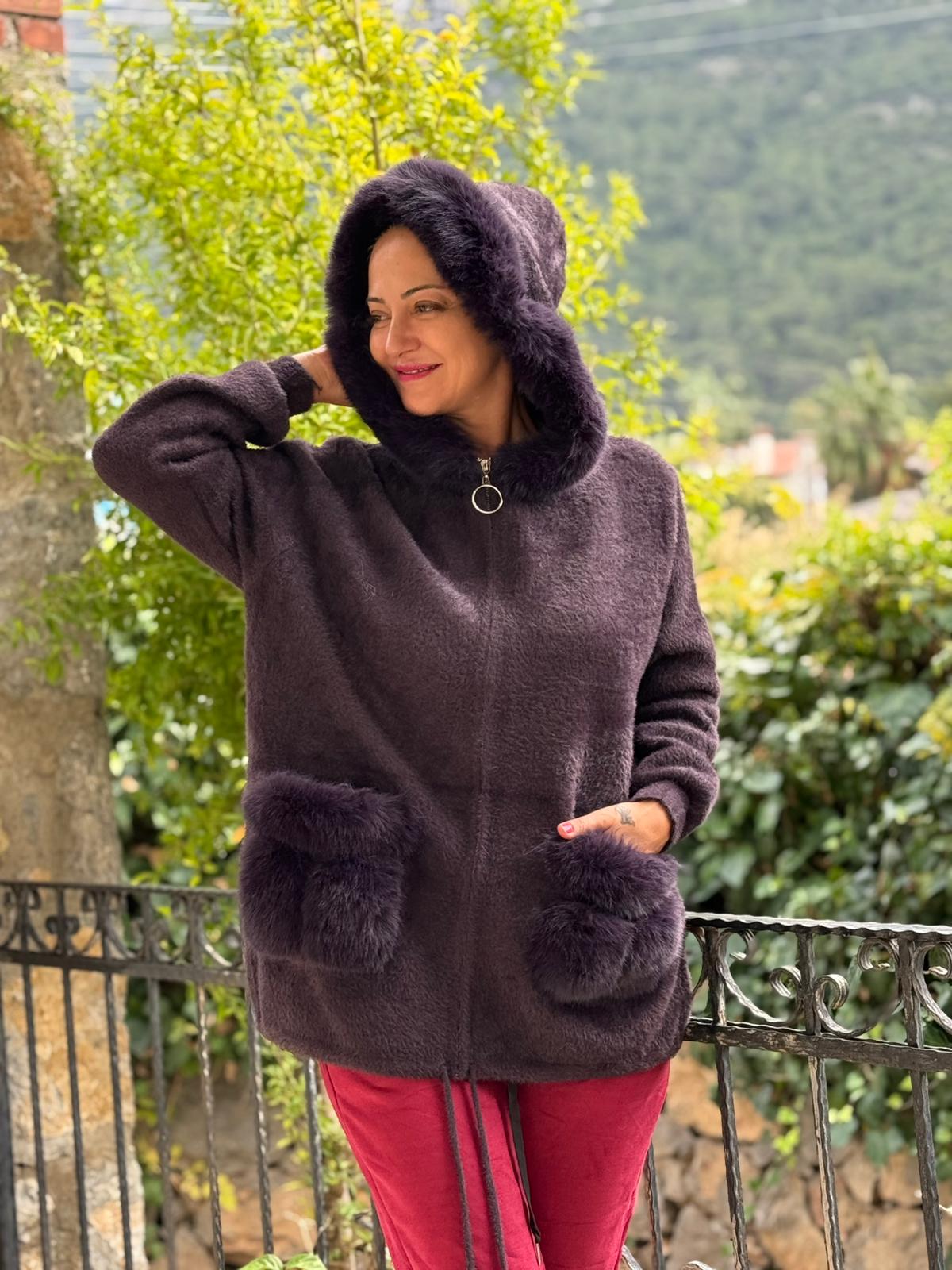 PT10665 Kapüşonlu Cebi Kürklü İtalyan Angora Kaban Koyu Mor