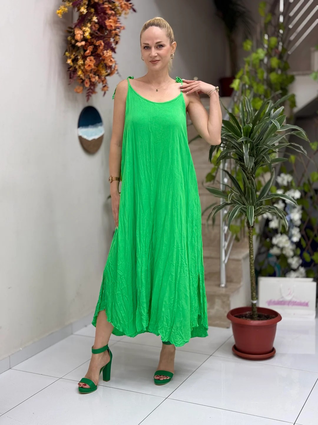 VL11199 Askılı Düz Vual Elbise Yeşil