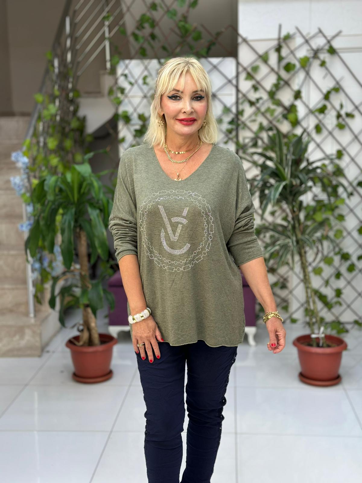 LS82681 İtalyan Taş Baskılı Triko Bluz Haki