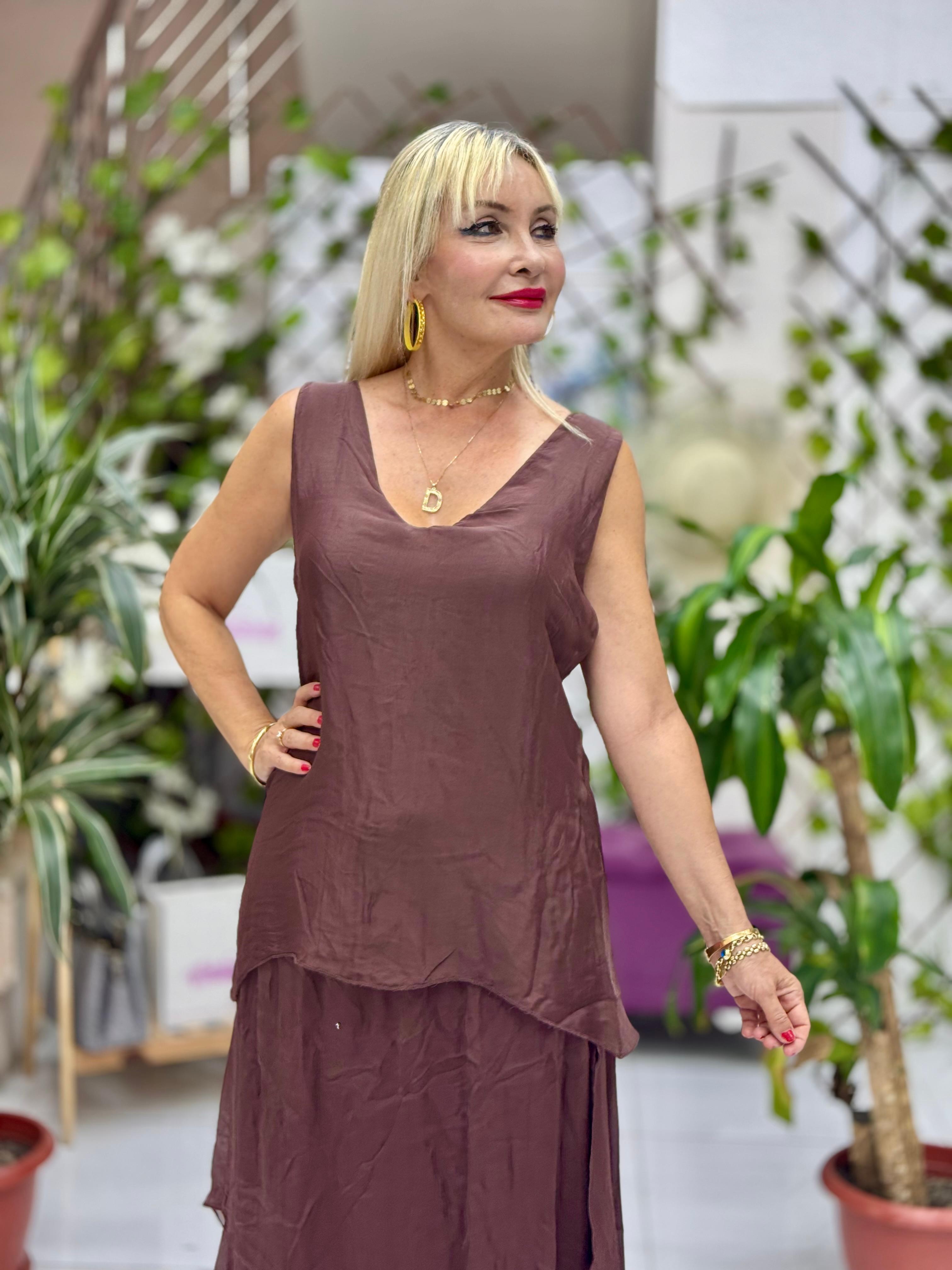 LS79772 İtalyan Kolsuz Sırt Bağlamalı İpek Bluz Kahverengi