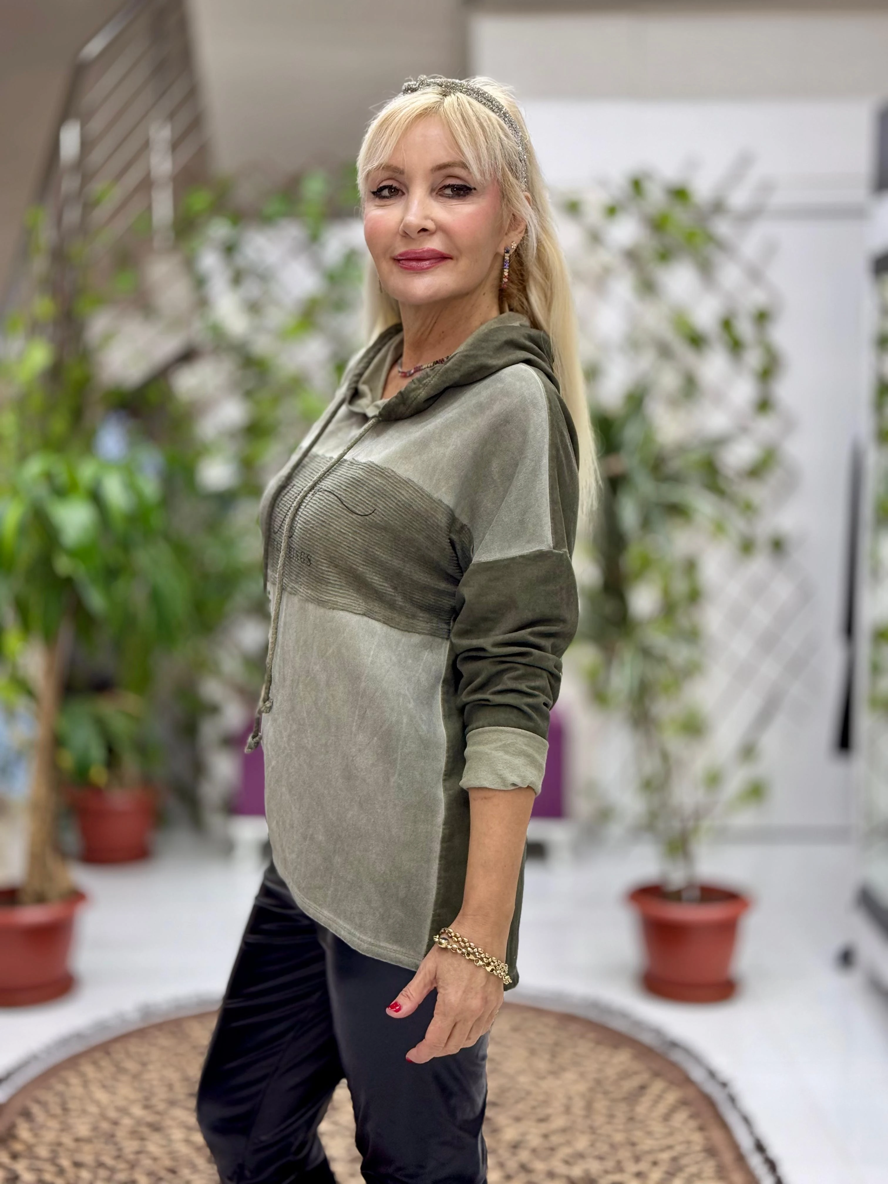 NC56868 İtalyan Enjoy Yazılı Kapüşonlu Coton Sweatshirt Haki