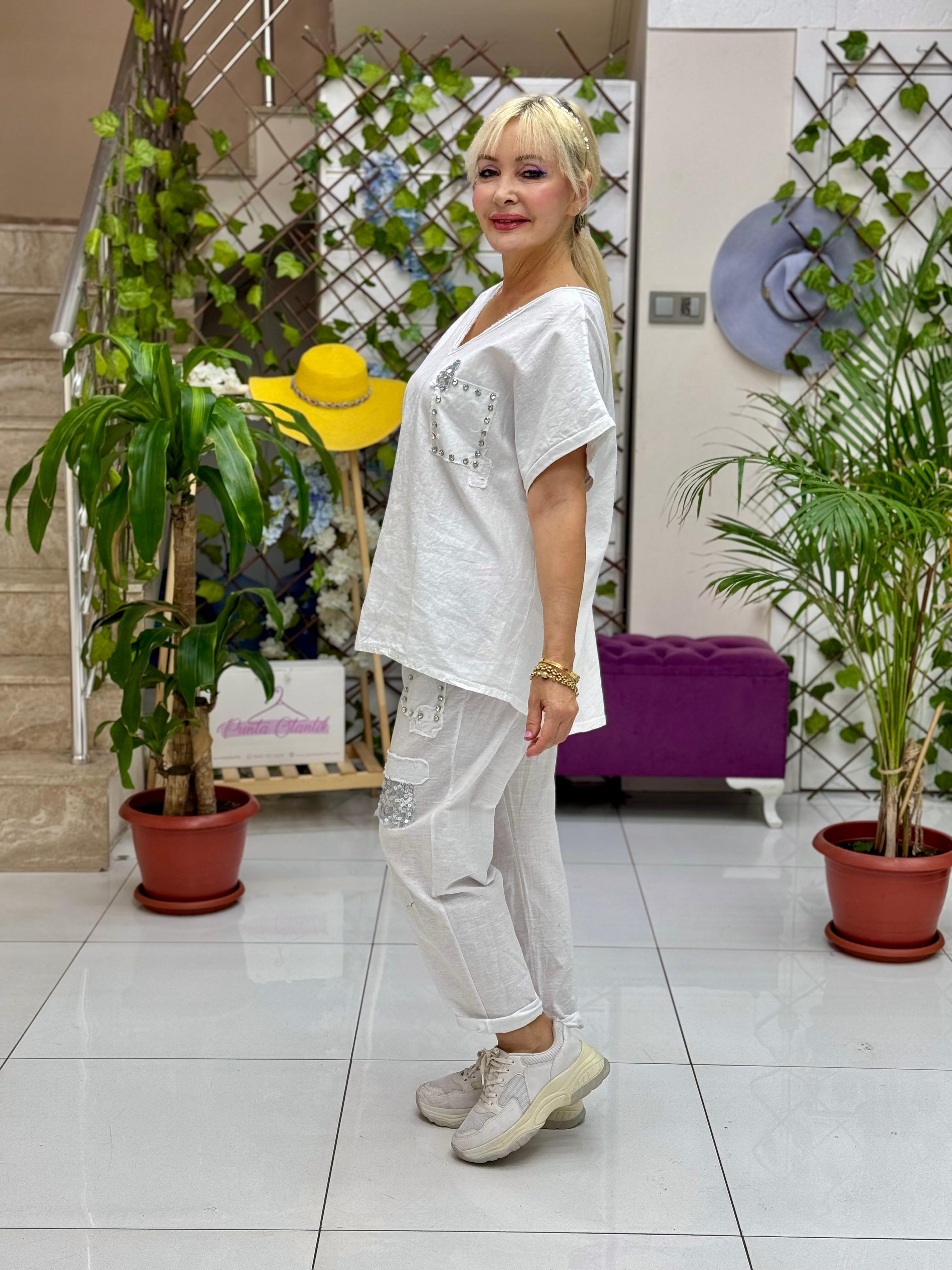 NC21763 İtalyan Taşlı Keten Takım Beyaz