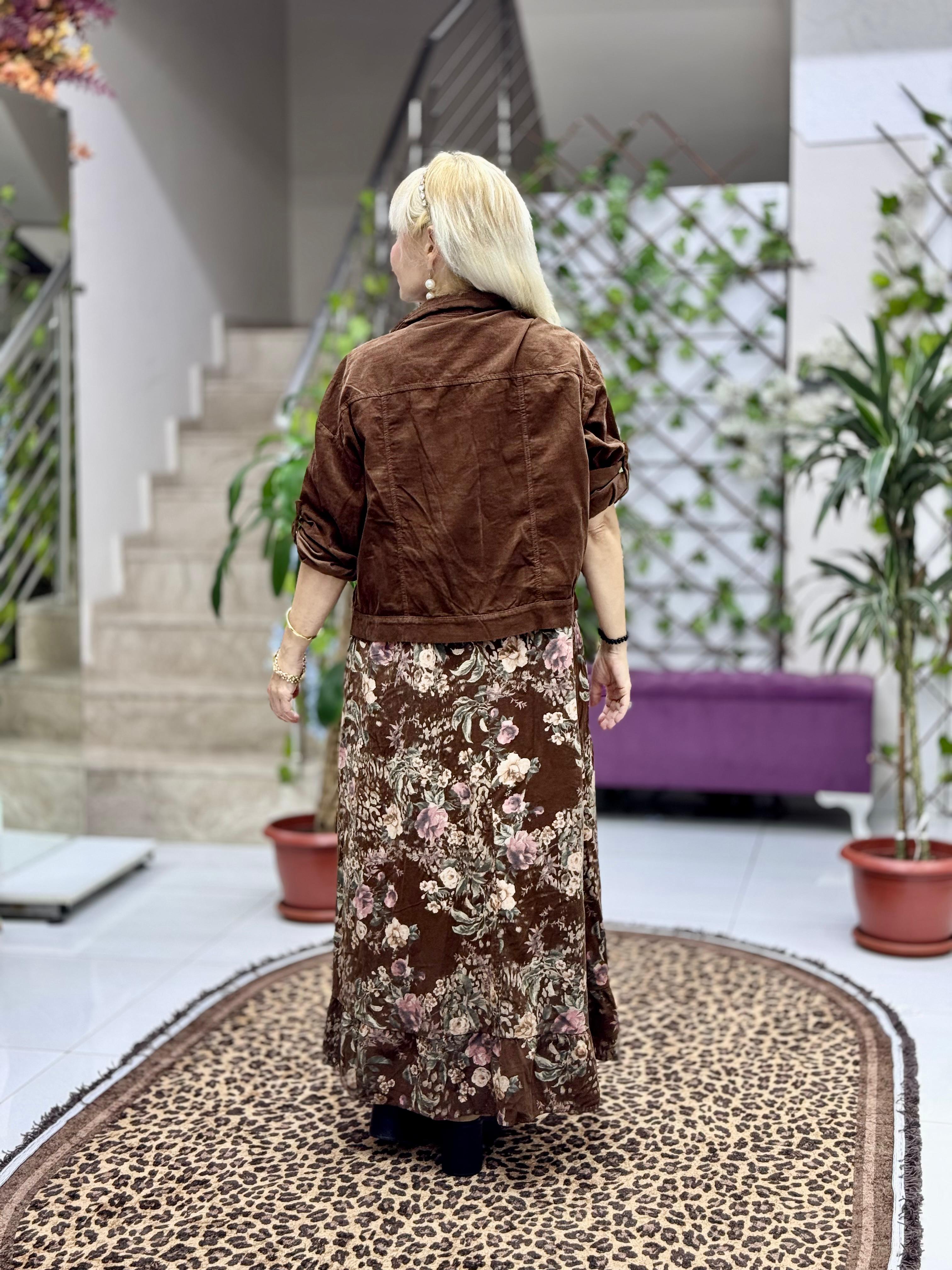 NC25001 İtalyan Kadife Çiçekli Elbise Ceket Takım Açık Kahverengi