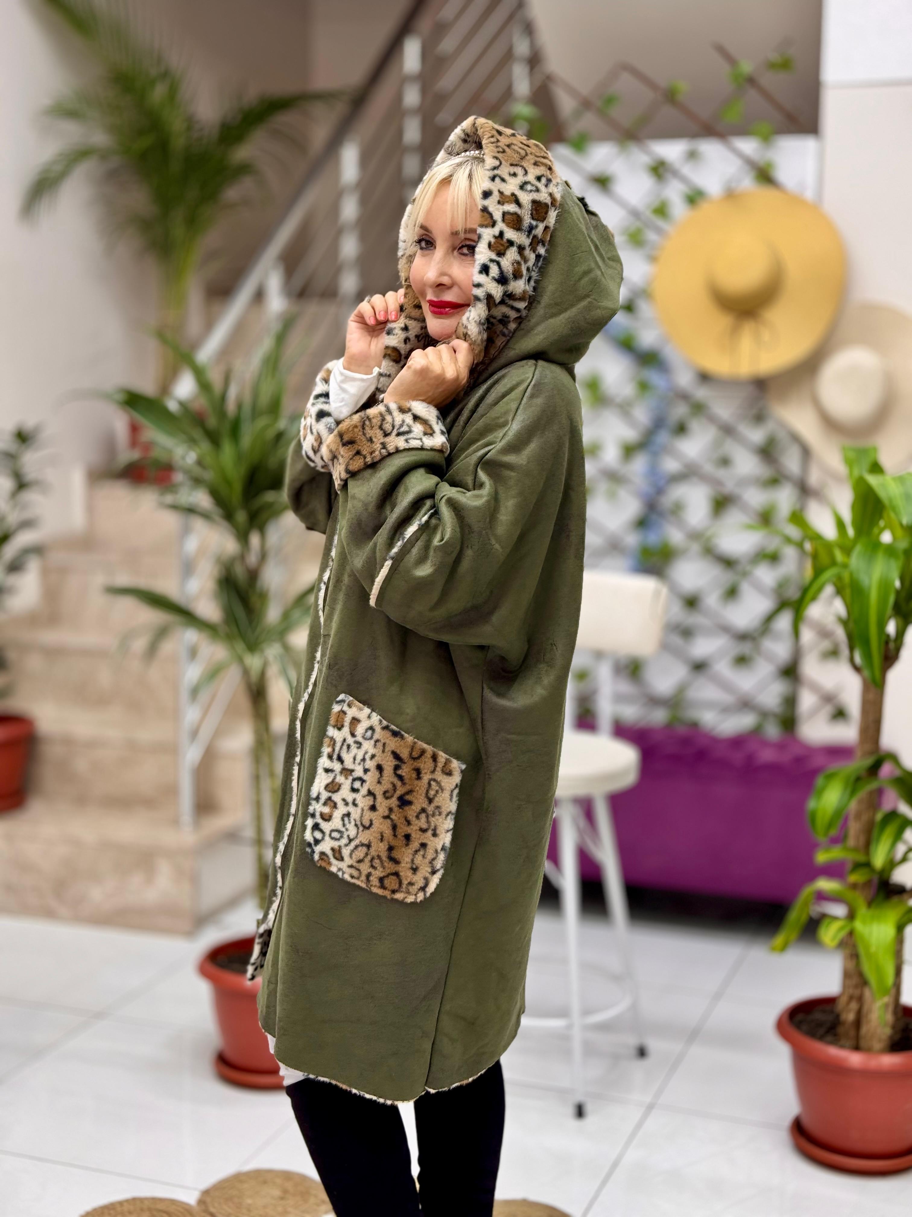 N22383 Leoparlı Fermuarlı Nubuk Kaban Yeşil