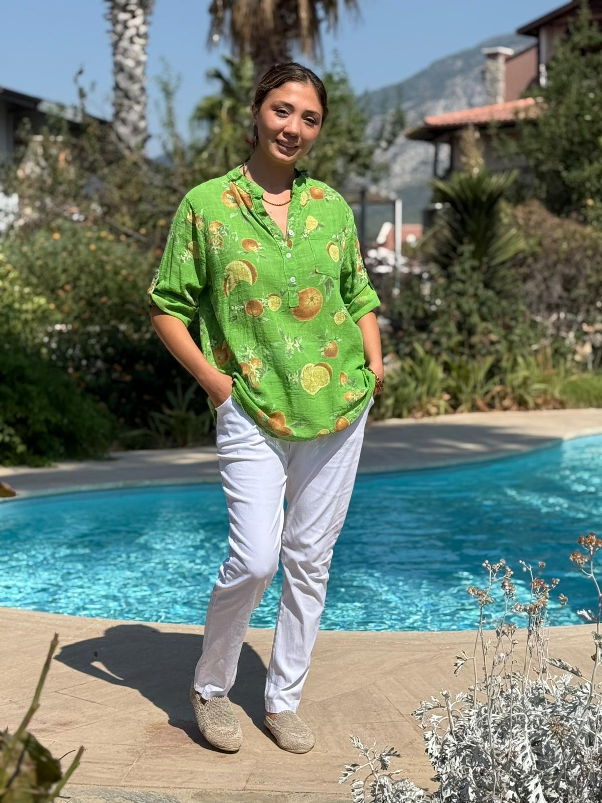 NC154553 İtalyan Pamuk Keten Bluz Yeşil