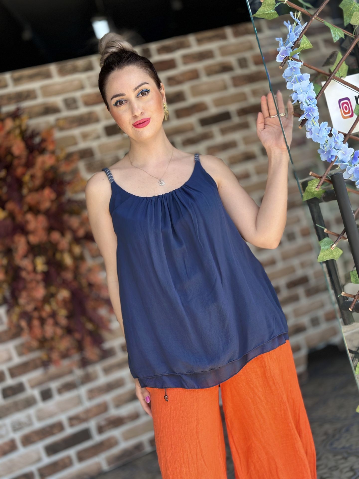 P4889 Burgu Askılı İtalyan Coton Bluz Lacivert