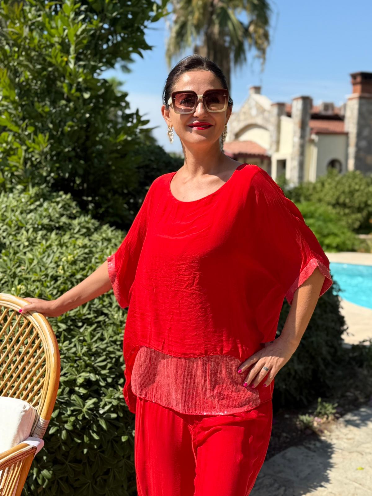 P3009 Traje italiano de seda con lentejuelas Rojo