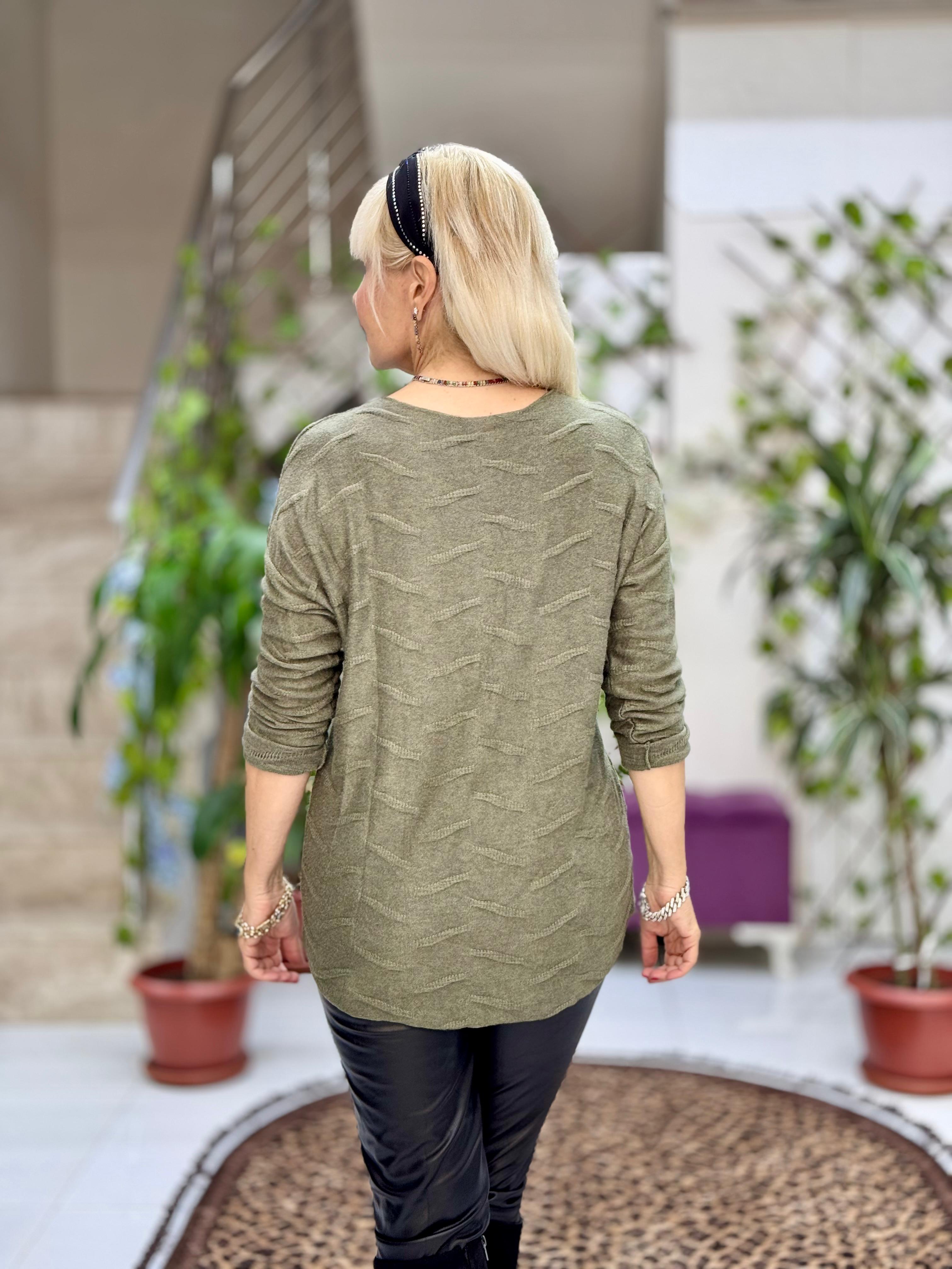 YG11716 Leopar Baskılı Kendinden Desenli İtalyan Triko Bluz Yeşil