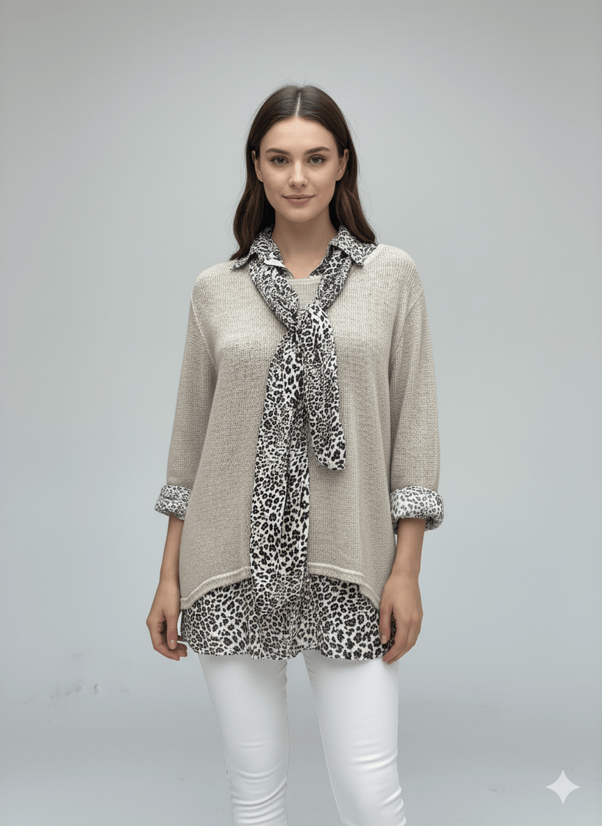 NC516020 İtalyan Leopar Desen Fularlı Erkek Yaka Kazak Krem