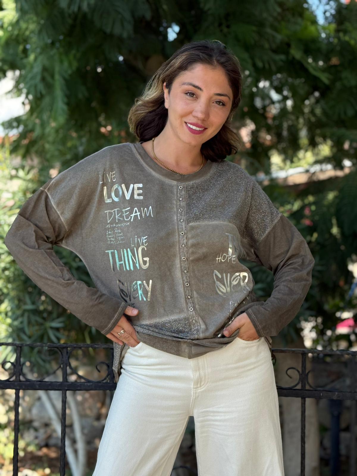 NC53761 İtalyan Yazılı Ve Taşlı Coton Sweatshirt Vizon