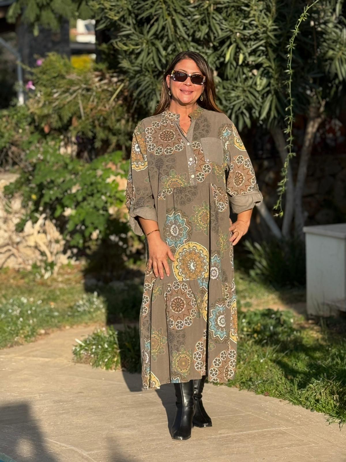 YG12573 Mandala Desen İtalyan Kadife Elbise Haki