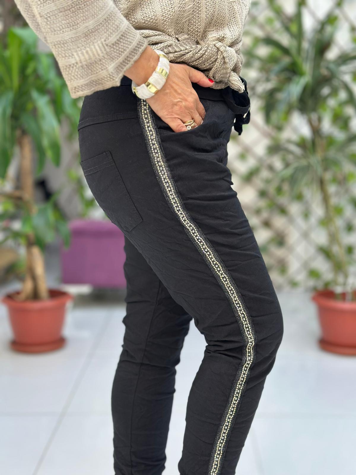 NC50196 İtalyan Yanlar Taşlı Coton Pantolon Siyah