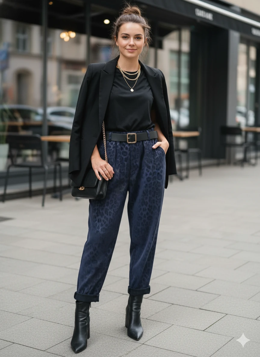 NC242976 italyan Leopar Desen Deri Pantolon Lacivert