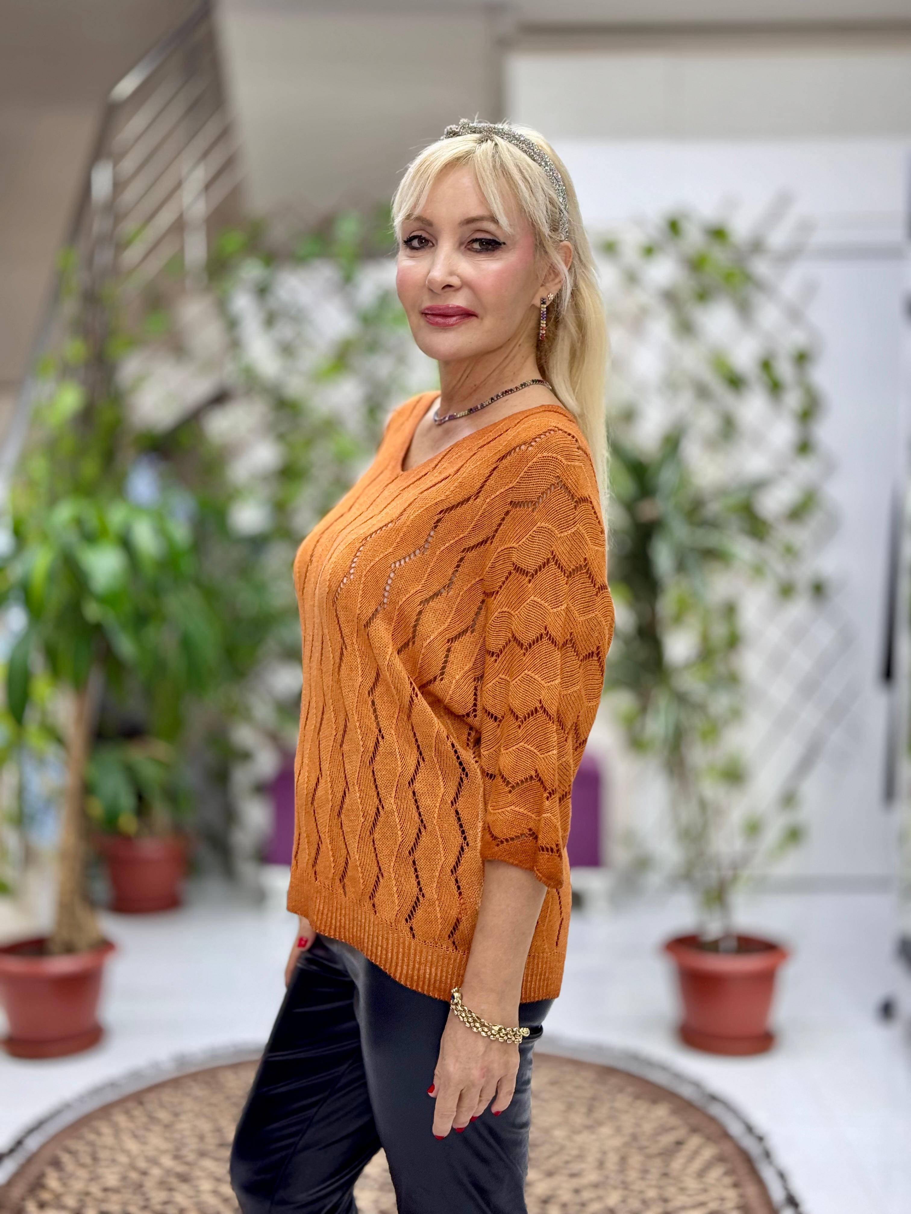 NC6071 İtalyan Fakir Kol Zikzak Desenli İnce Triko Bluz Oranj