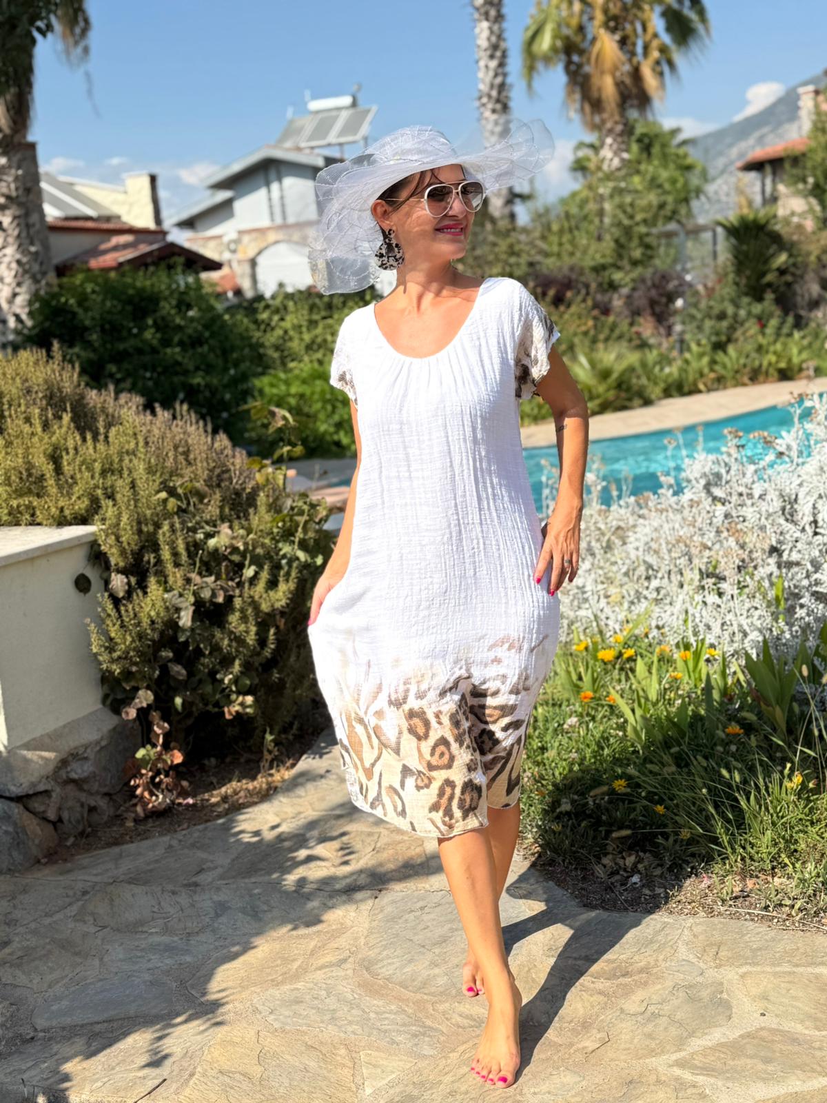 NC50848 İtalyan Pamuk Keten Astarlı Elbise Beyaz