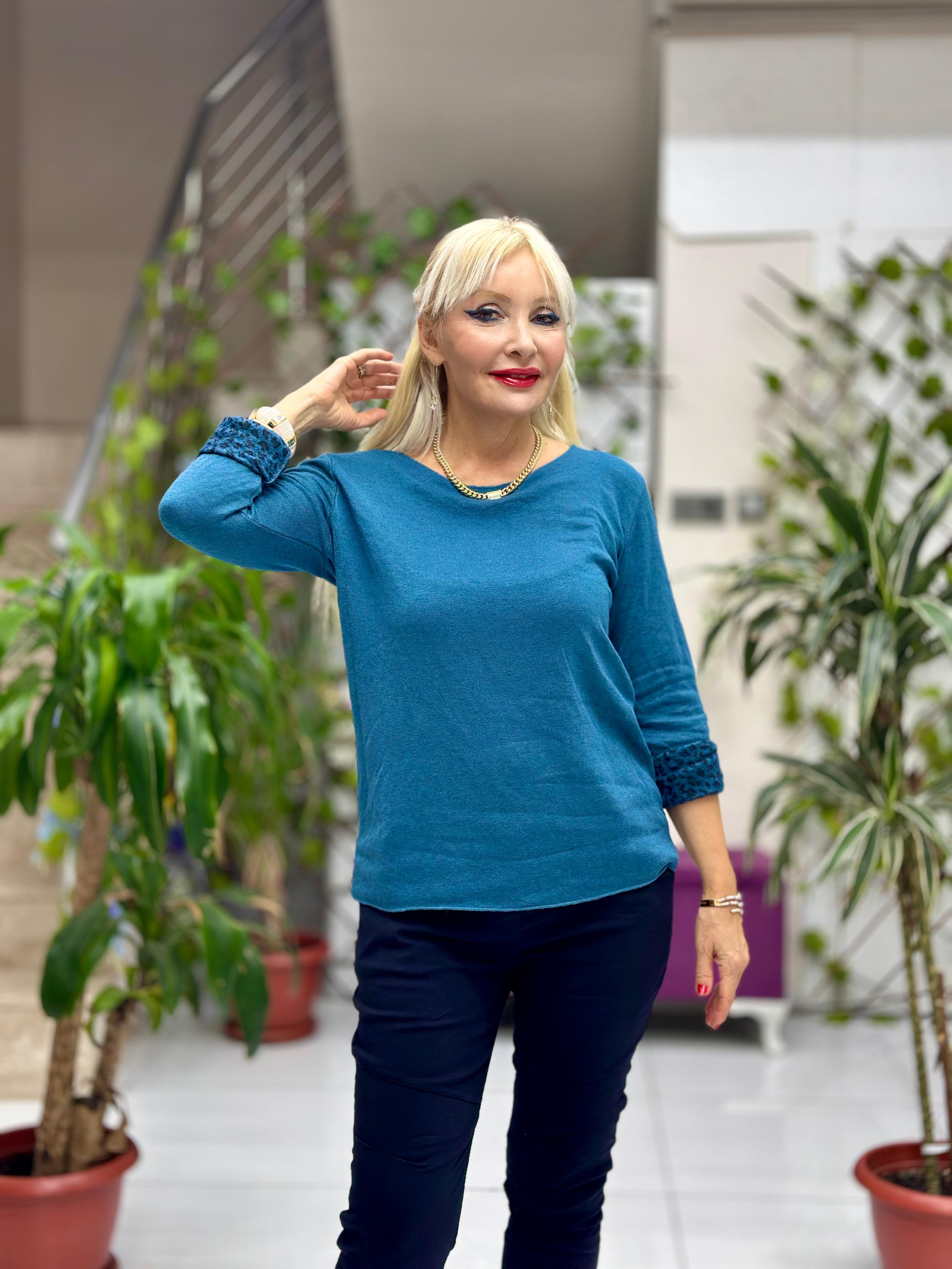 NC218181 İçi Leoparlı Yuvarlak Yaka Triko Büyük Kalıp Bluz Petrol Mavisi