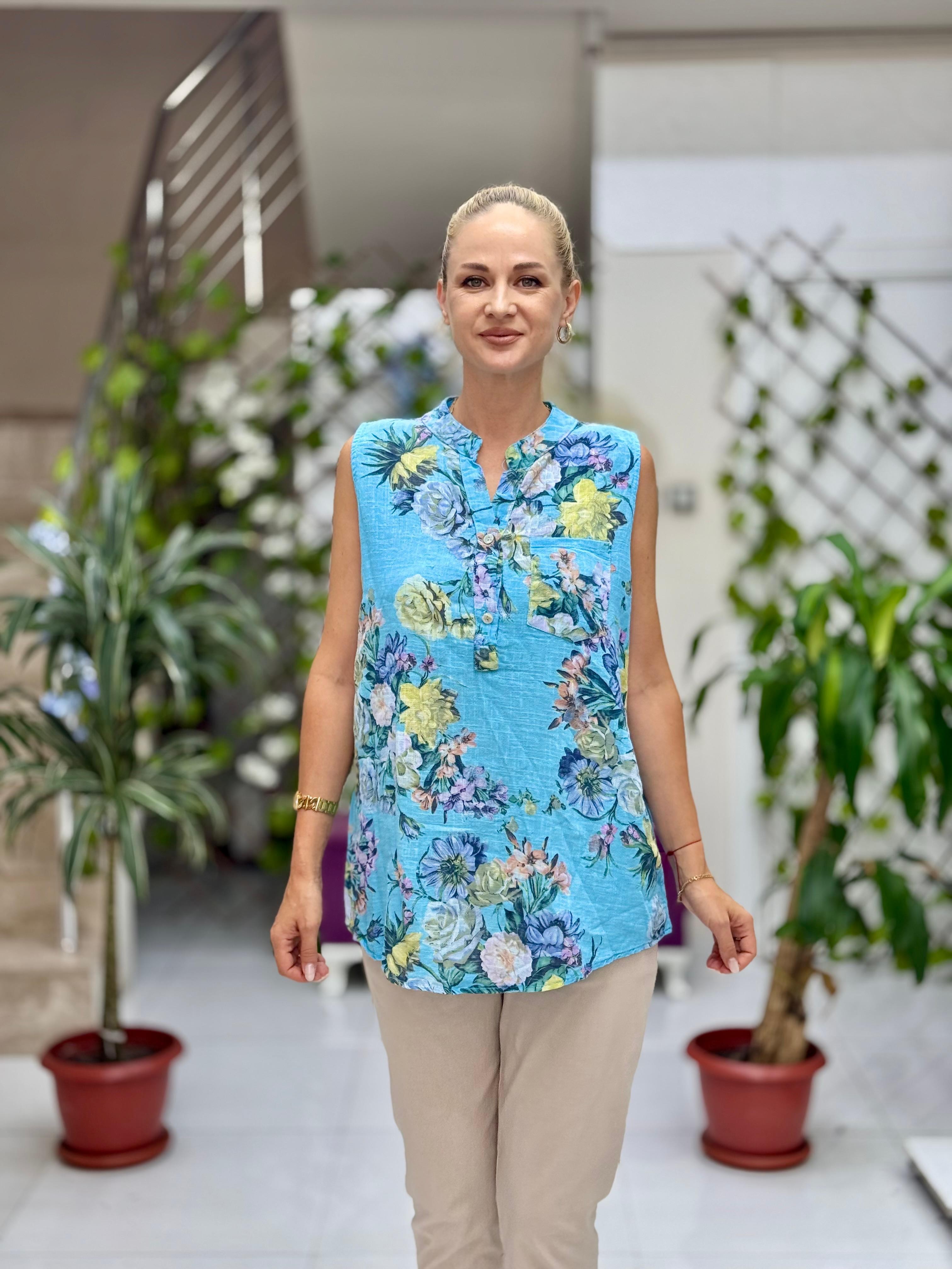LS8819D Kolsuz Pamukketen Cepli İtalyan Bluz Mavi