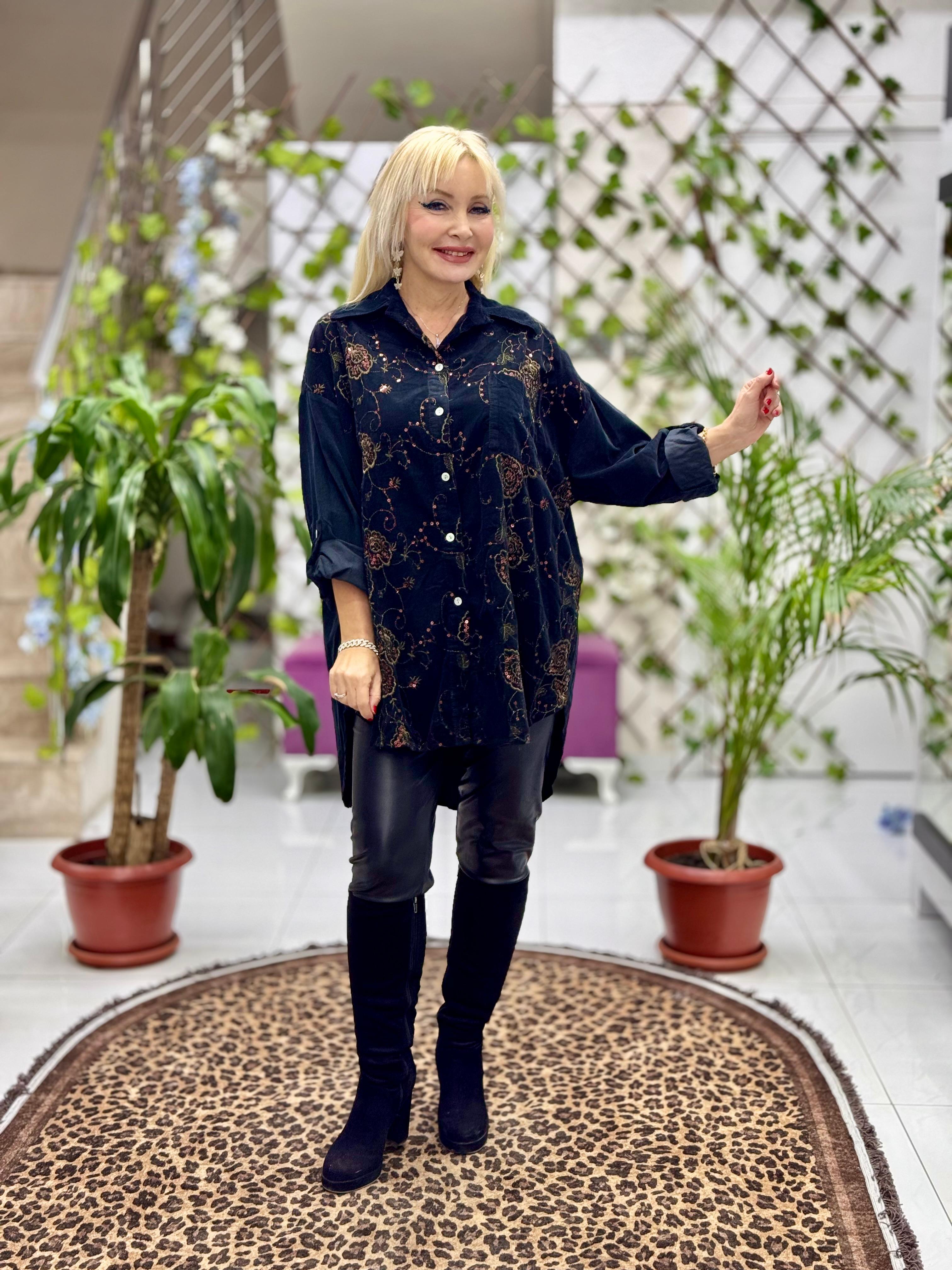 NC25199 Nakış Detaylı Pullu İtalyan Kadife Gömlek Siyah