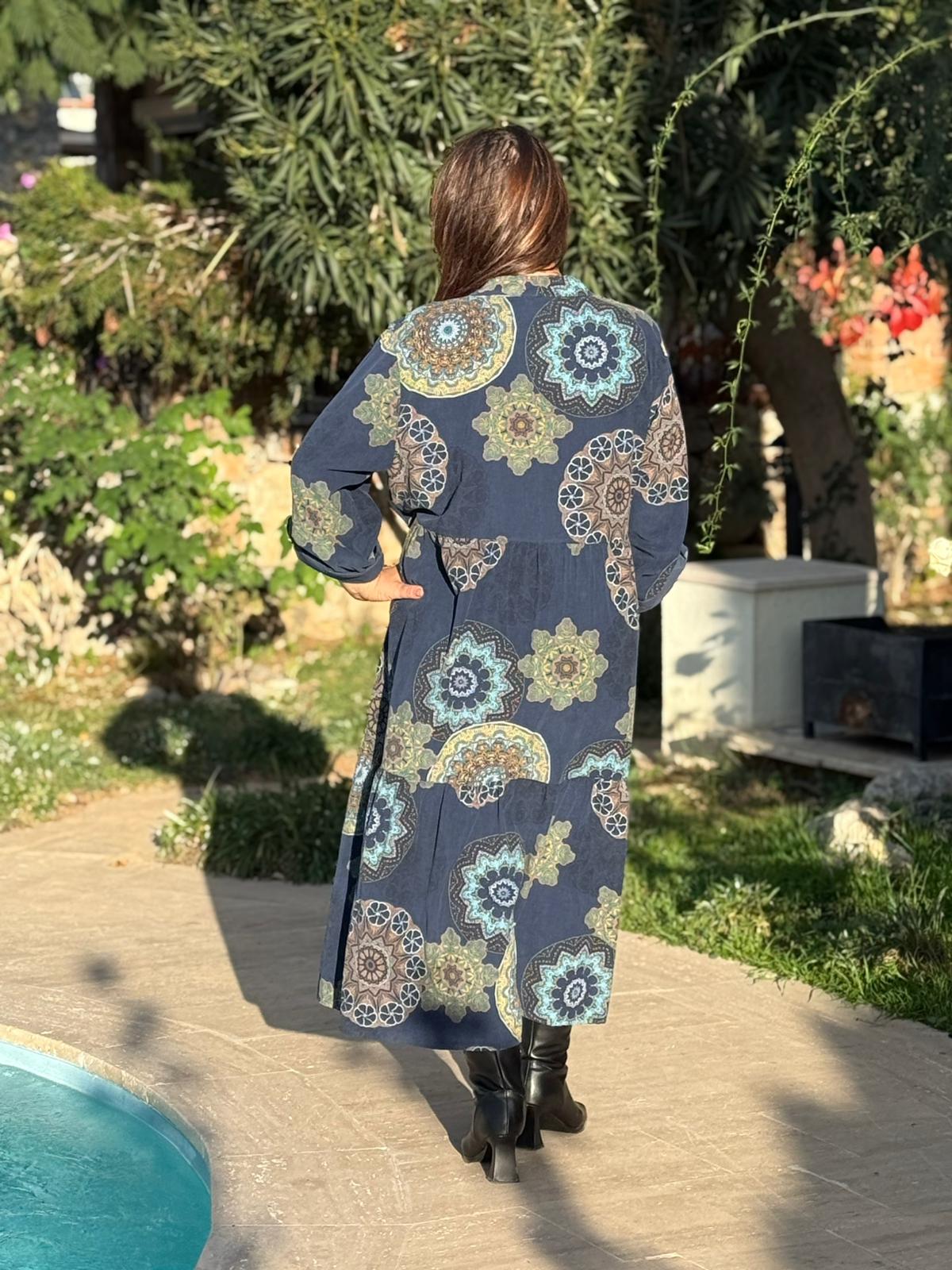 YG12573 Mandala Desen İtalyan Kadife Elbise Lacivert