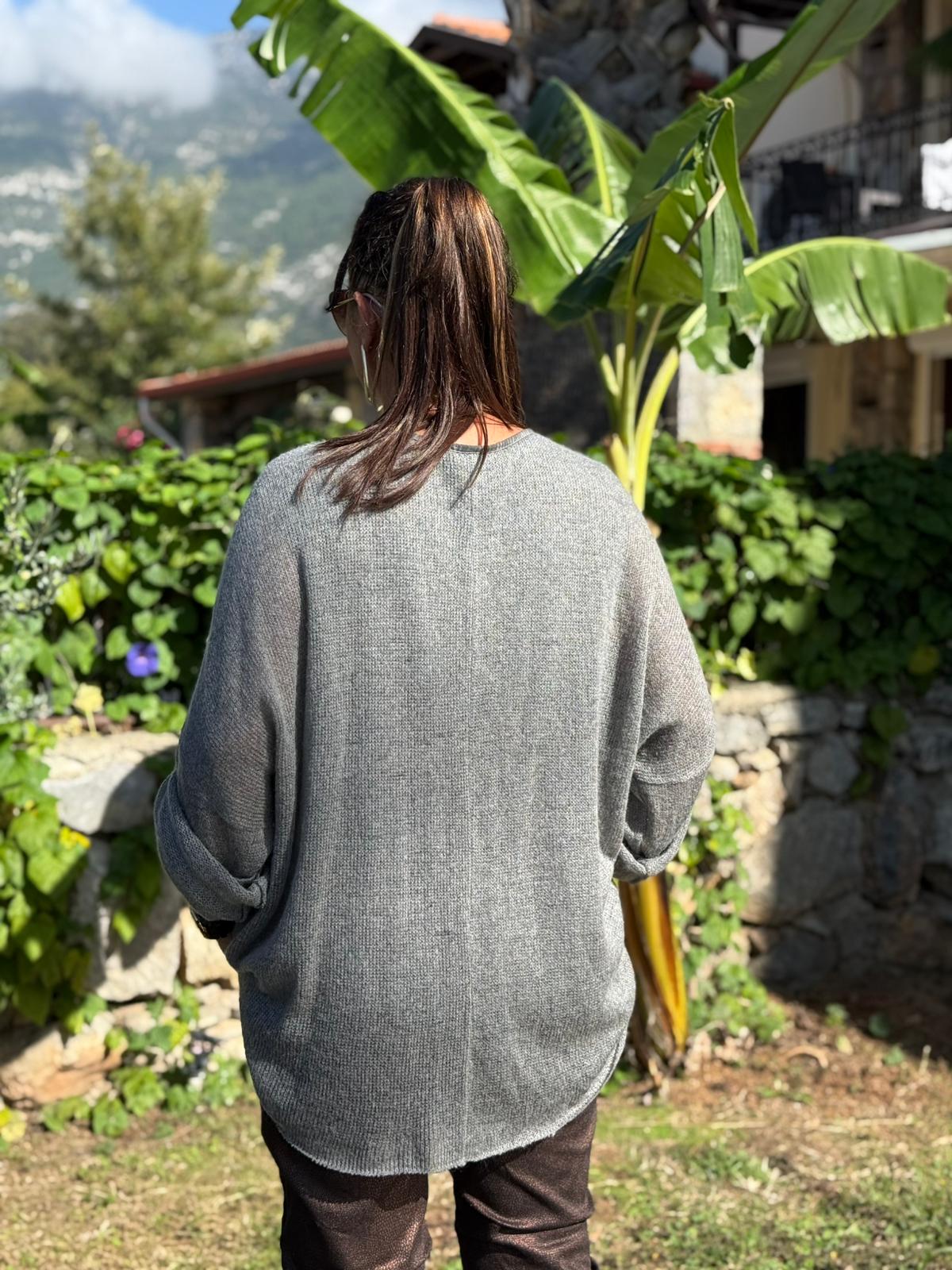 NC1868 Pul Payetli Omuz Dantelli İpek Triko İtalyan Bluz Füme