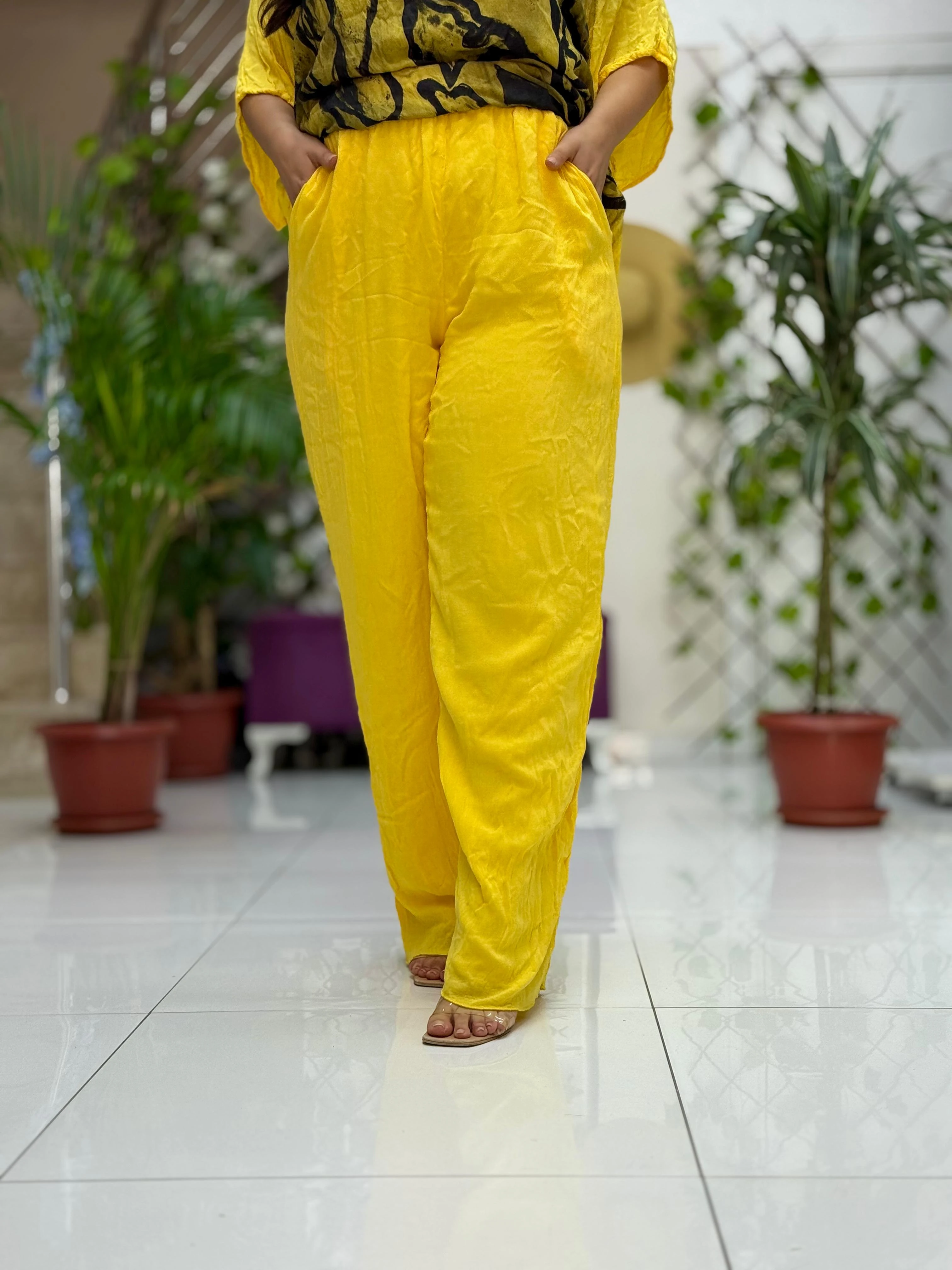 VL3159 %100 Vual Pamuk Bluz Pantolon Takım Sarı