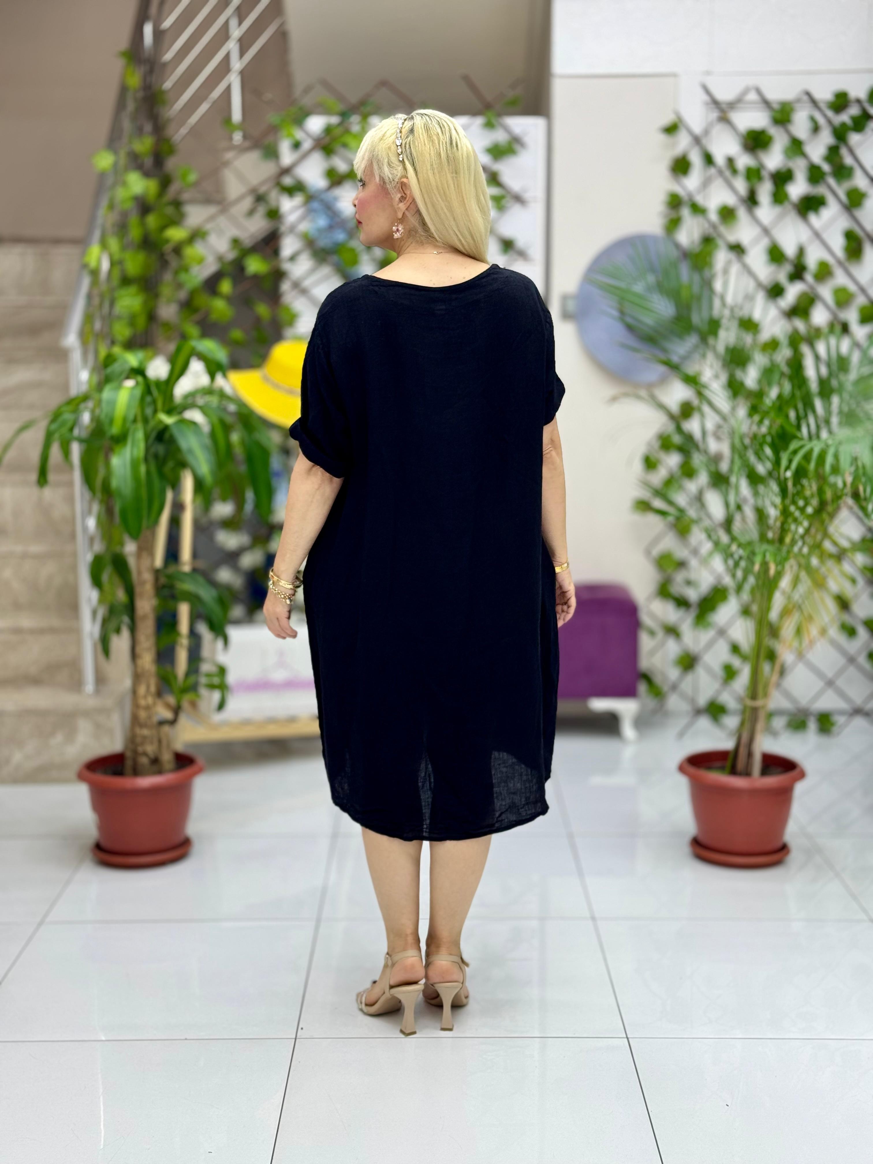 NC9015 İtalyan Çiçekli Yarım Kol Keten Elbise Siyah