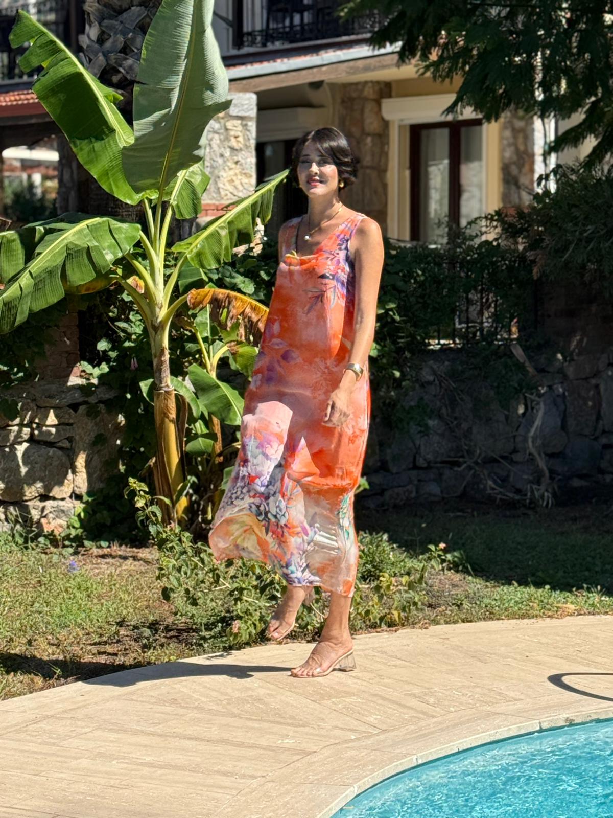 YG20641 İtalyan Çiçekli Askılı İpek Elbise Oranj