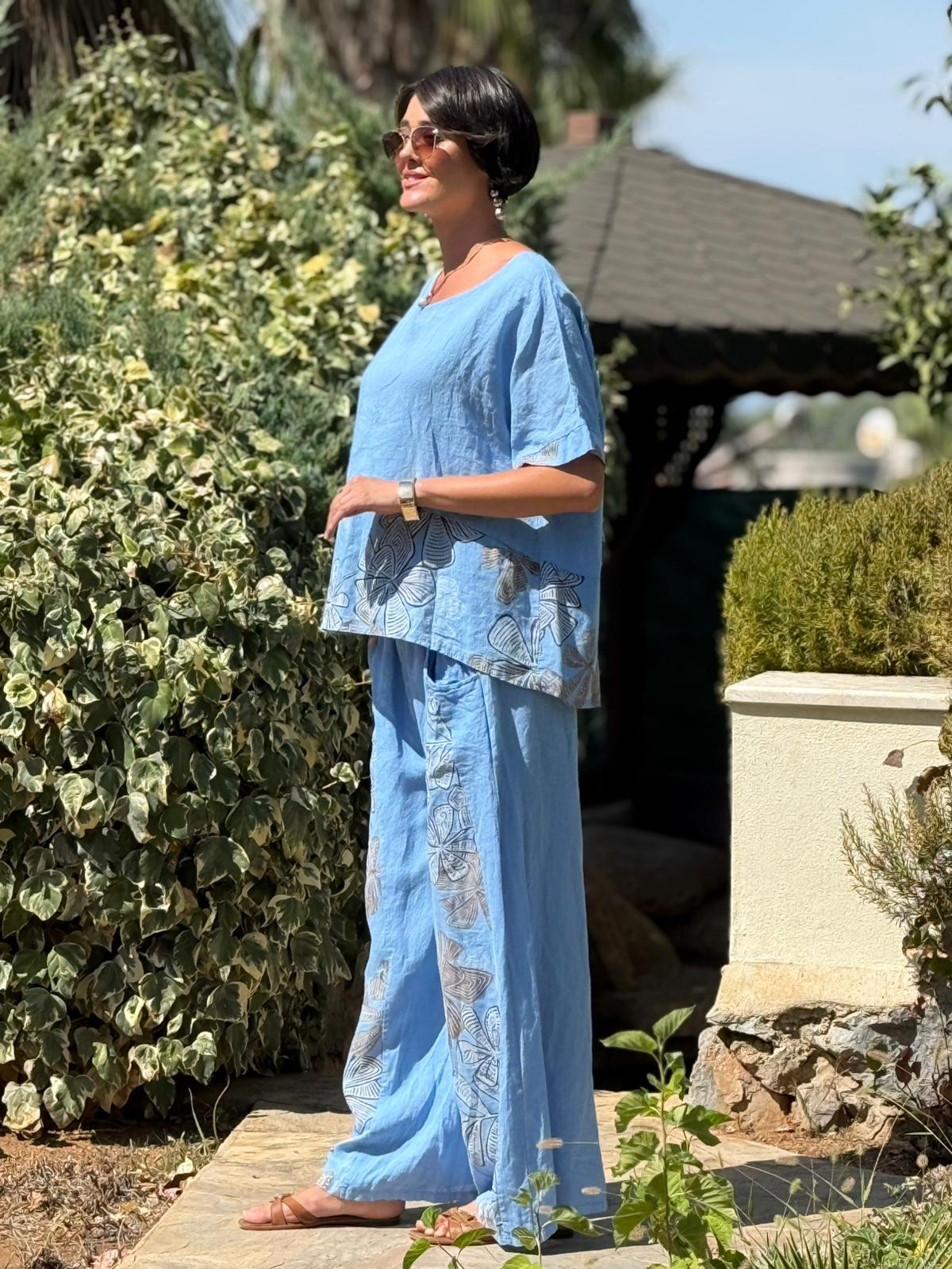 NC61253 İtalyan Çiçek Baskılı Keten Takım Mavi