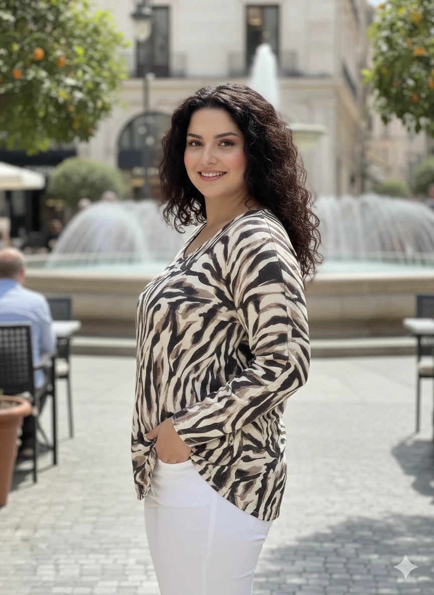 NC22884 Zebra Desenli Triko Bluz Krem