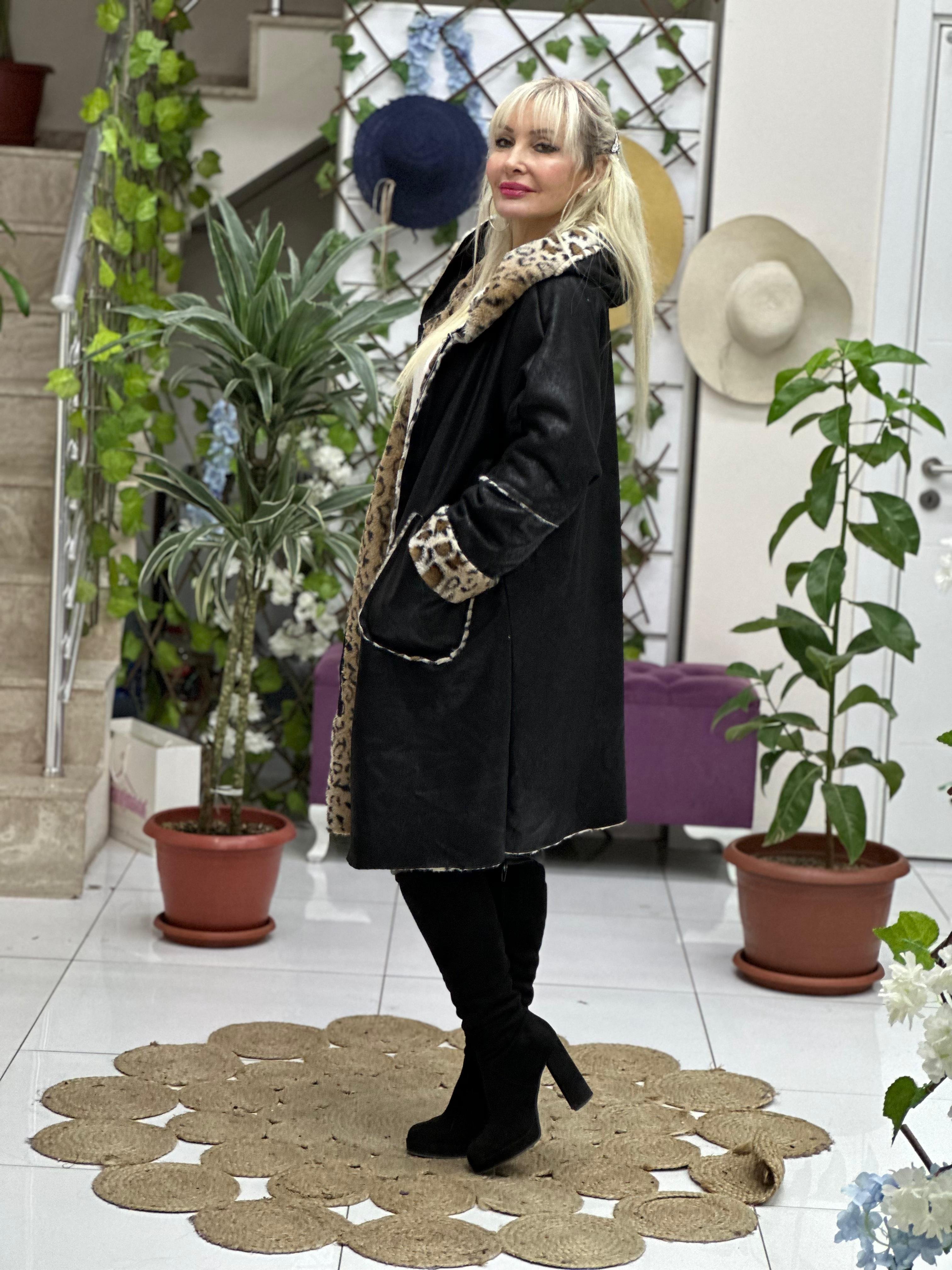NC9184 Leopar Desen Fermuarlı Nubuk Kaban Siyah