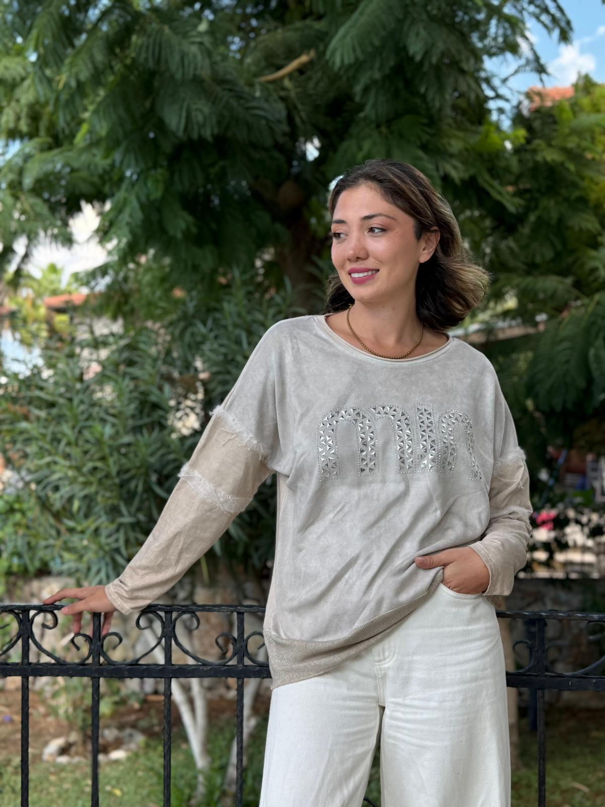 NC53659C İtalyan MIN Taşlı Coton Sweatshirt Krem