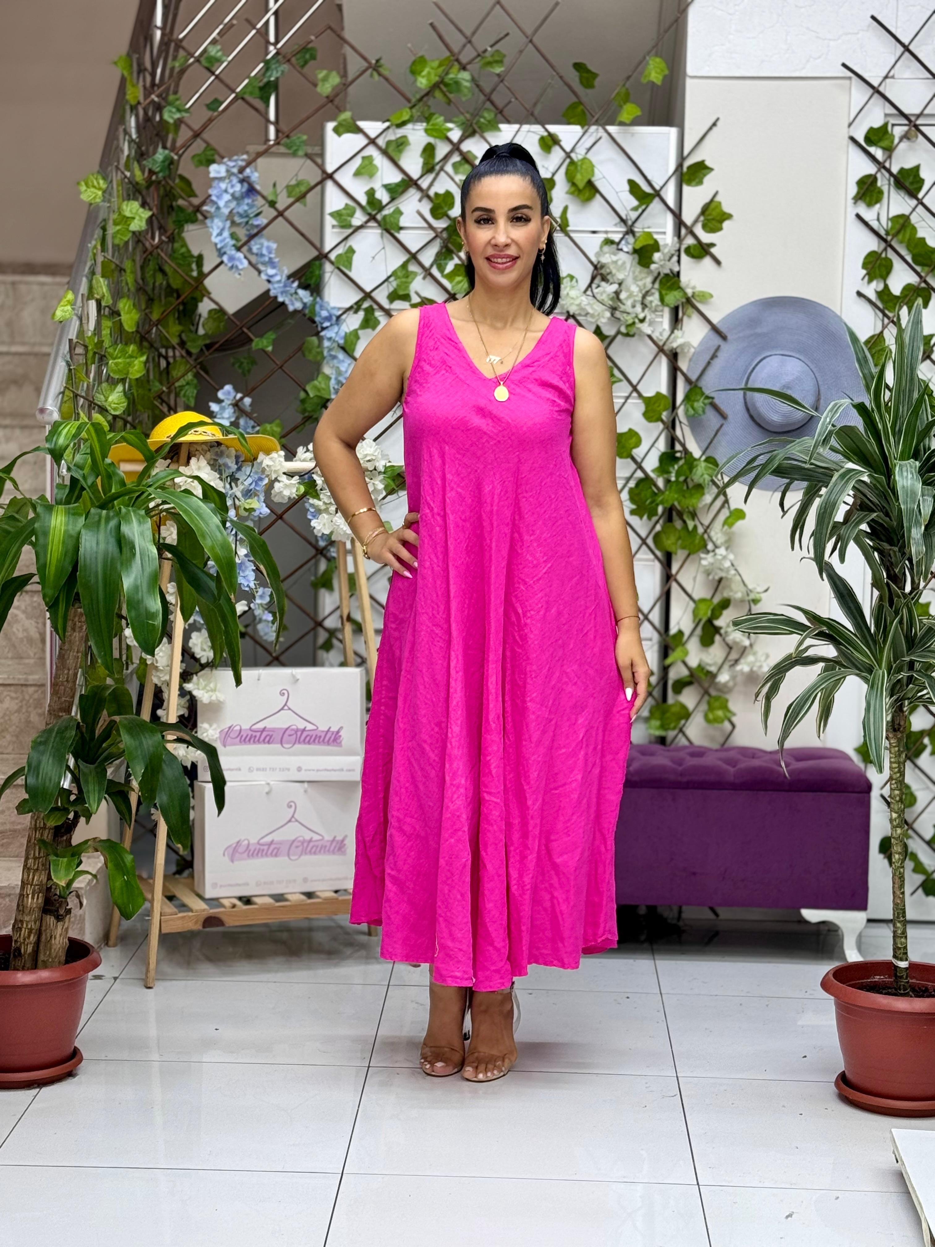 NC14916 İtalyan Kolsuz Keten Elbise Pembe