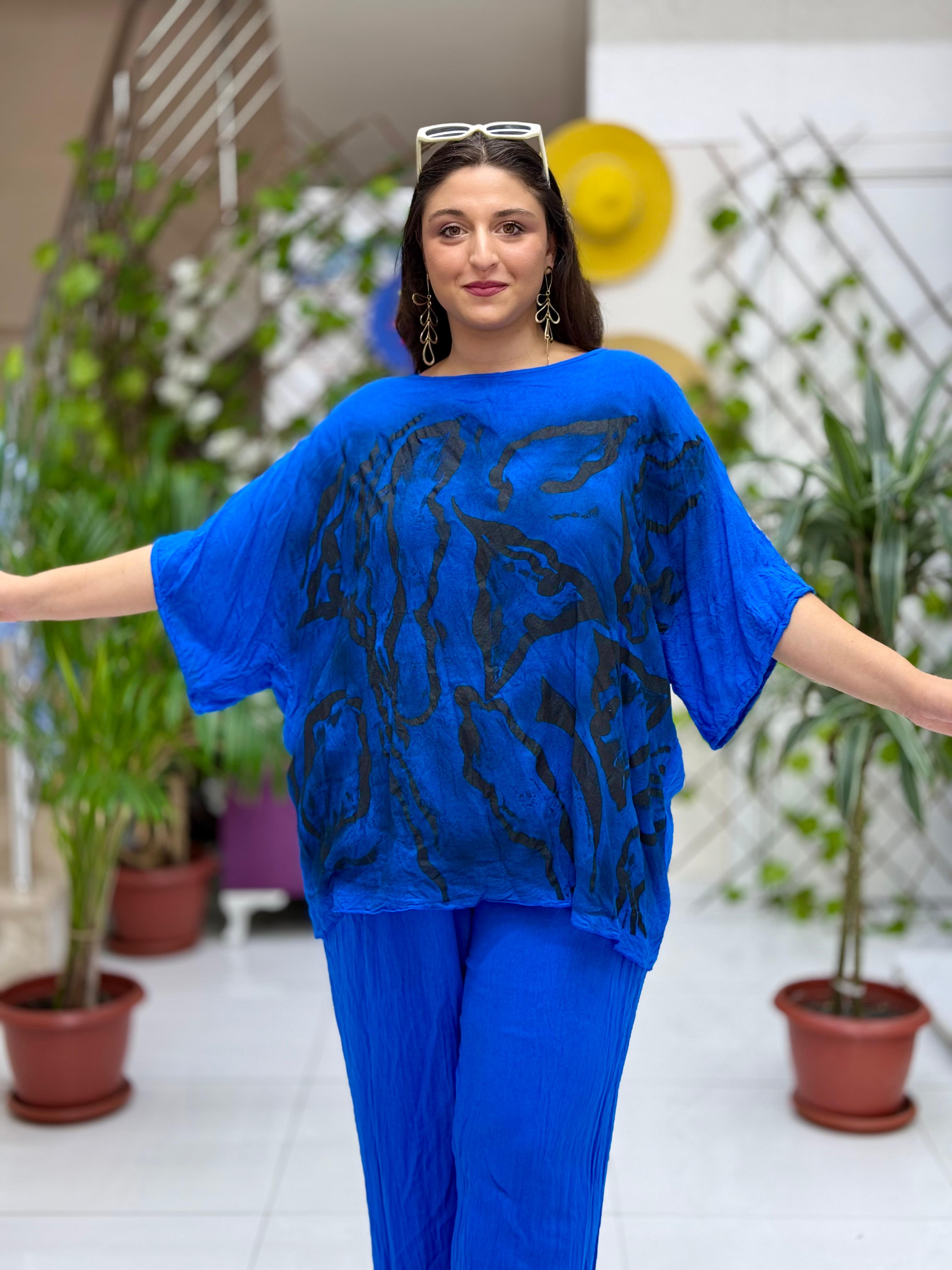 VL3159 %100 Vual Pamuk Bluz Pantolon Takım Saks