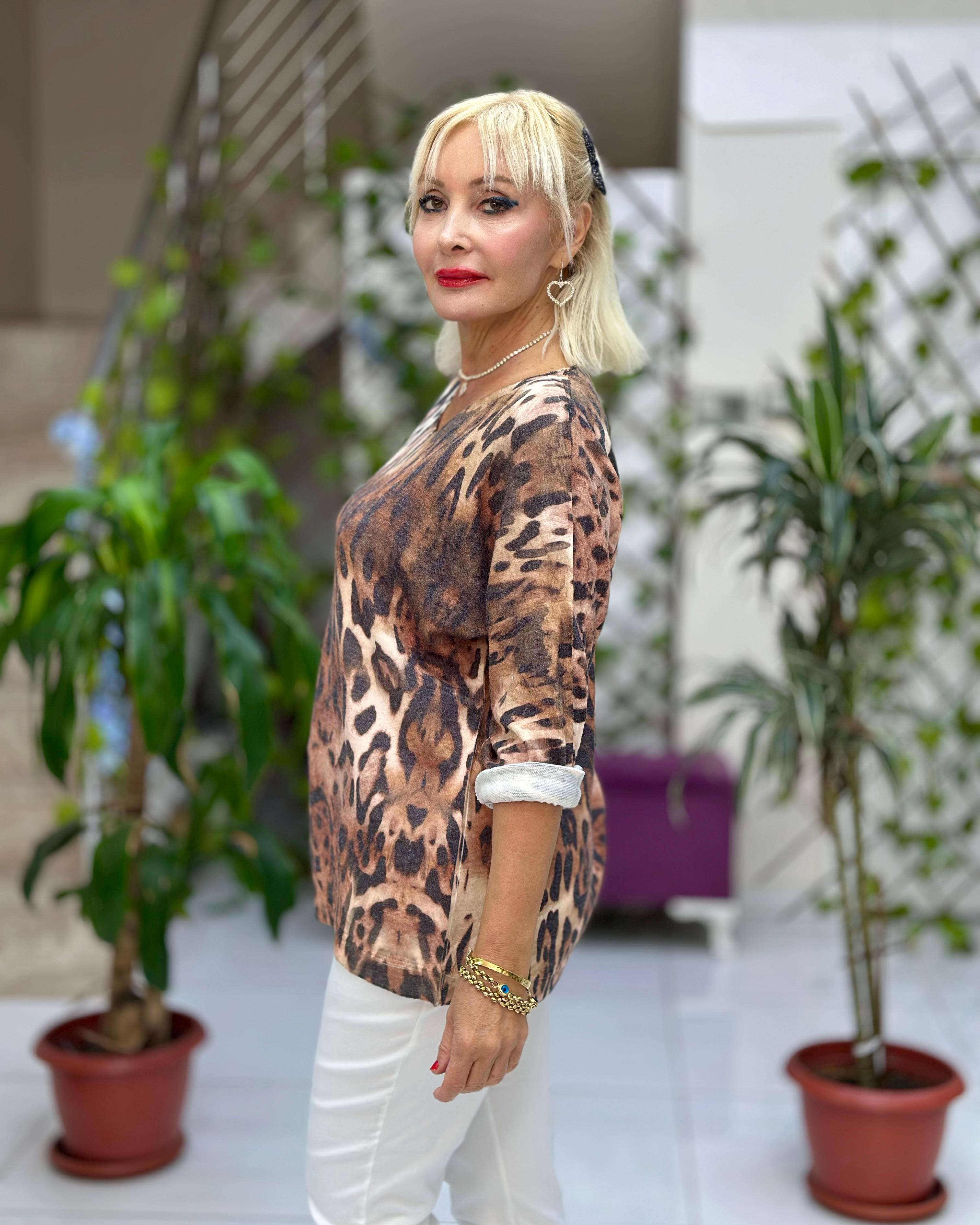 YG59105 italyan Djital Baskı Angora Yün Viskon Karışım Bluz