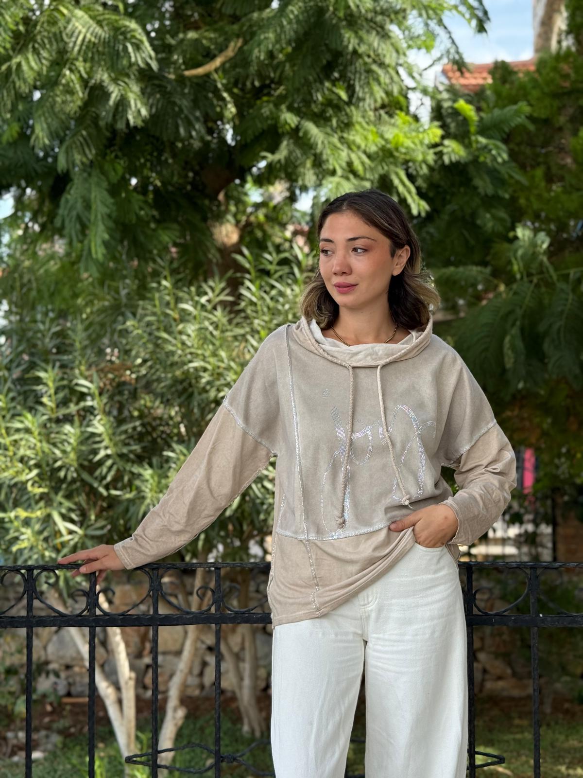 NC18533 İtalyan Joy Taşlı Kapüşonlu Coton Sweatshirt Krem