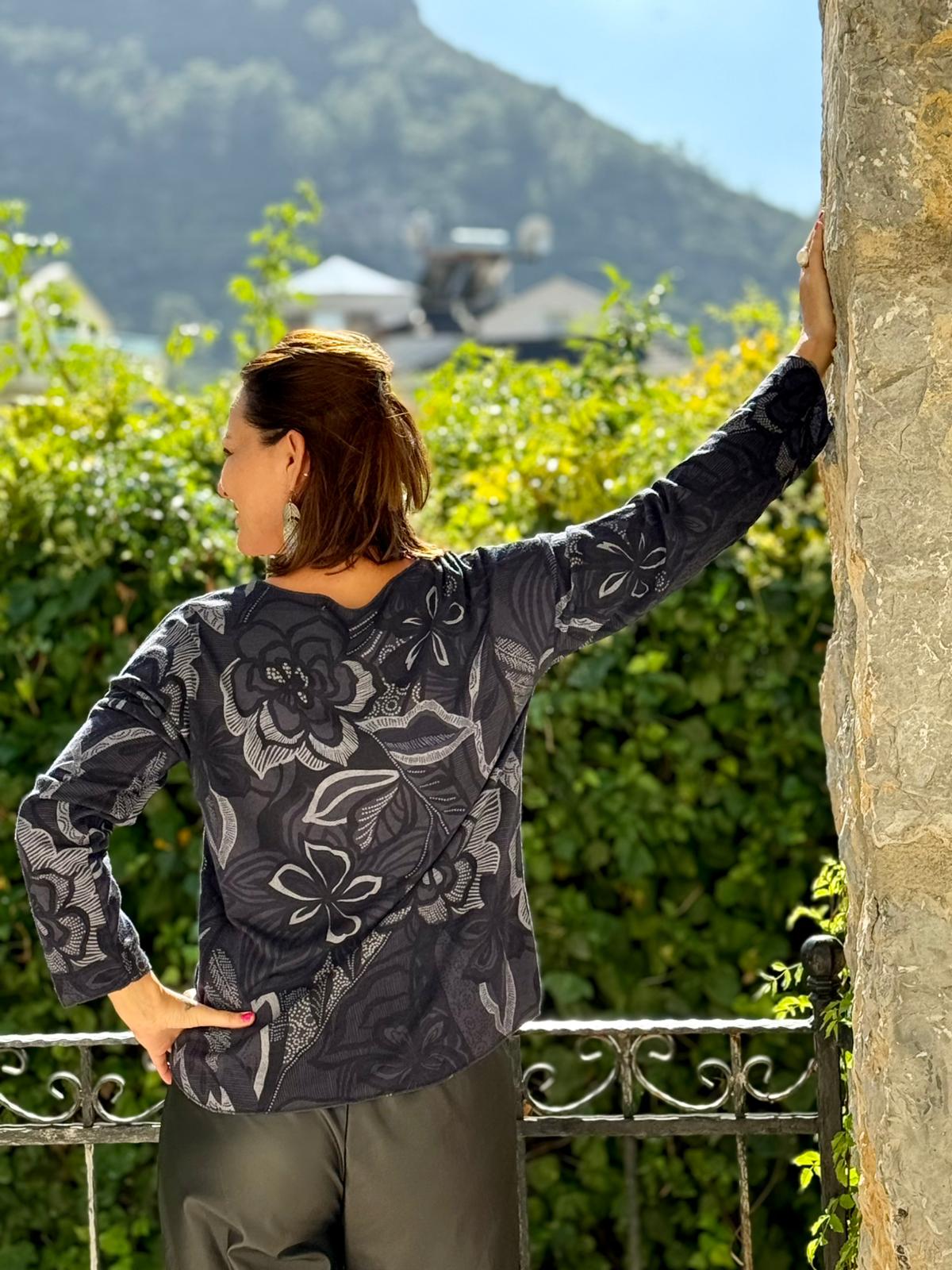 YG7036 Çiçek Desenli V Yaka İtalyan Triko Bluz Lacivert