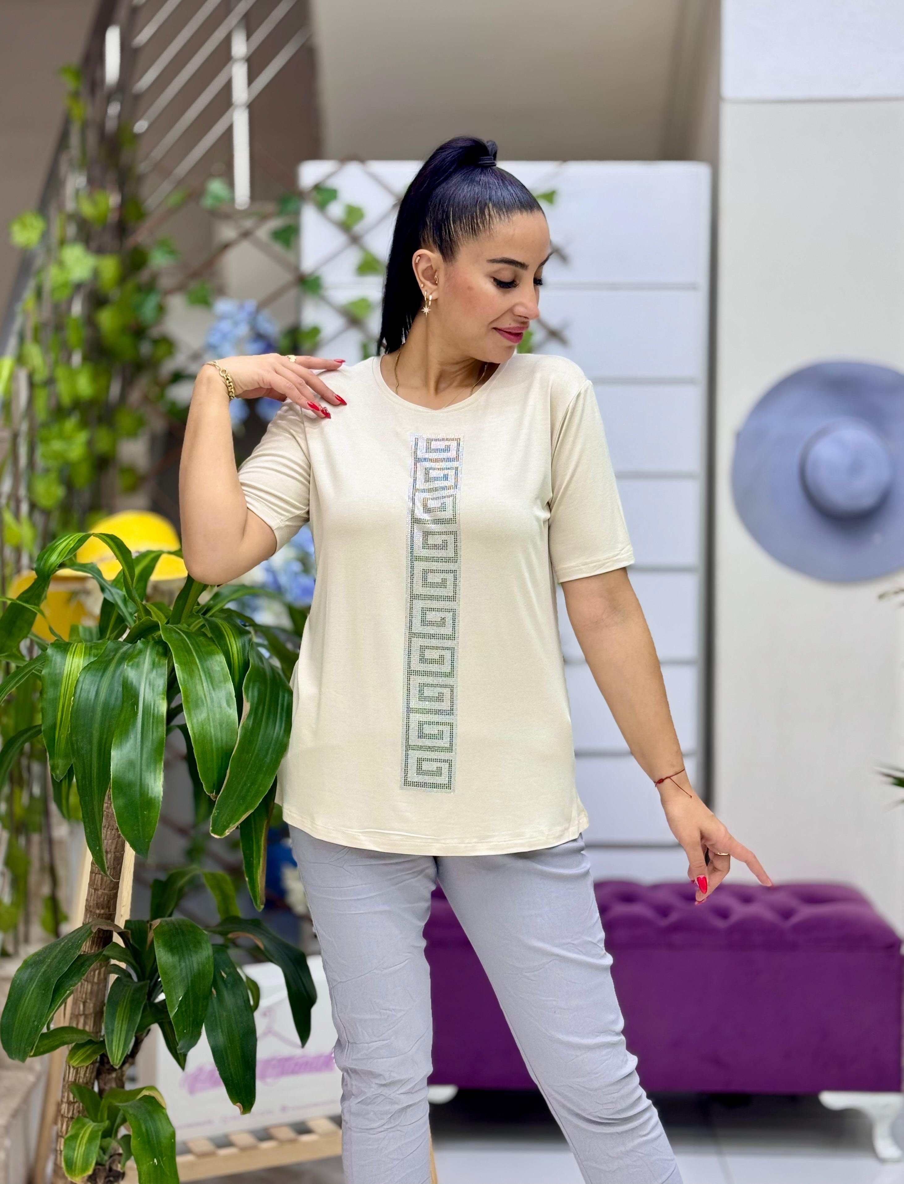MS4222 Şerit Desenli  Penye Bluz Krem