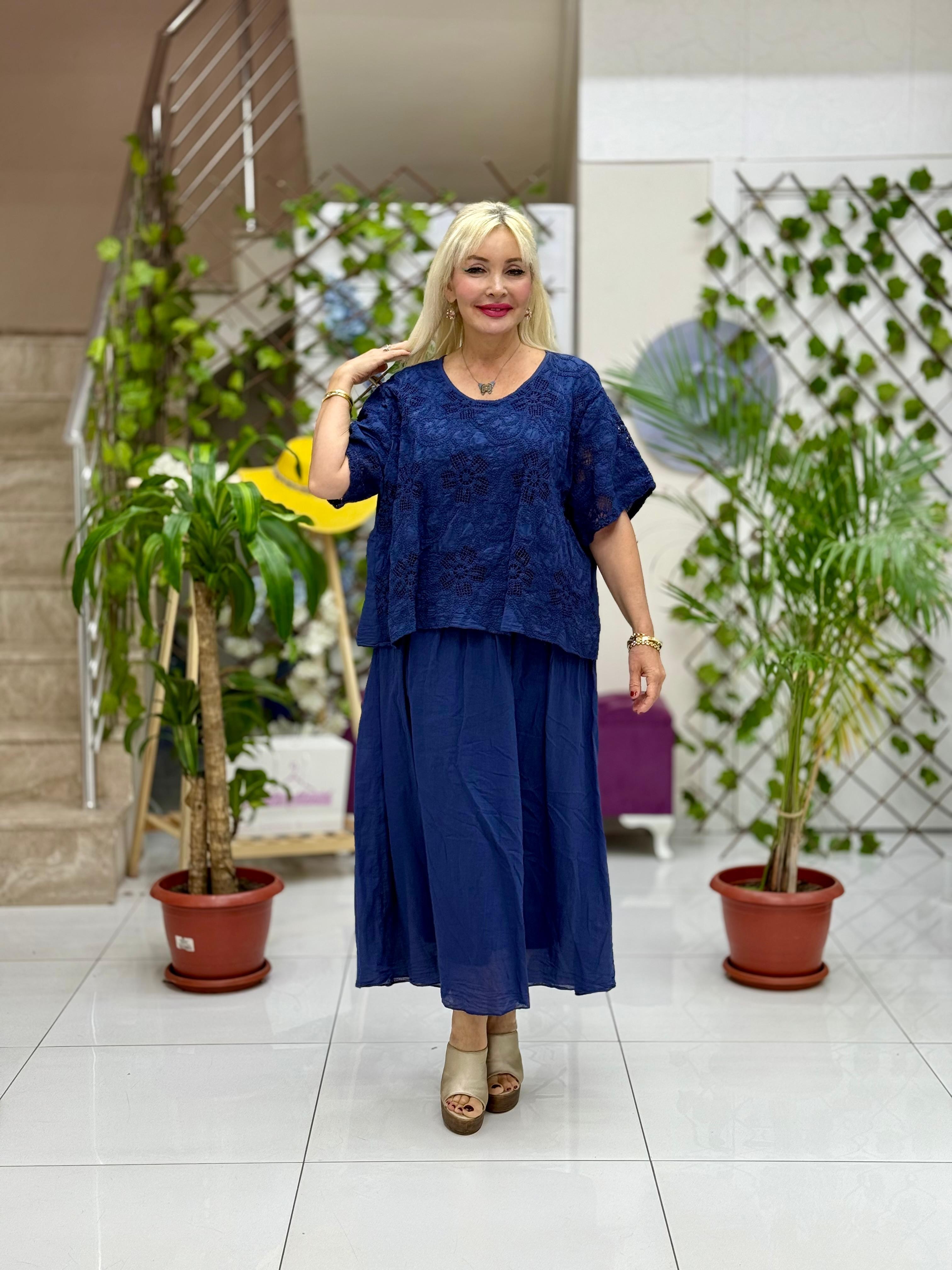 YG5291 İtalyan File Detay Coton Elbise Lacivert