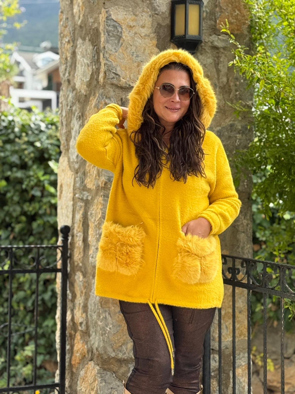 PT10665 Kapüşonlu Cebi Kürklü İtalyan Angora Kaban Hardal