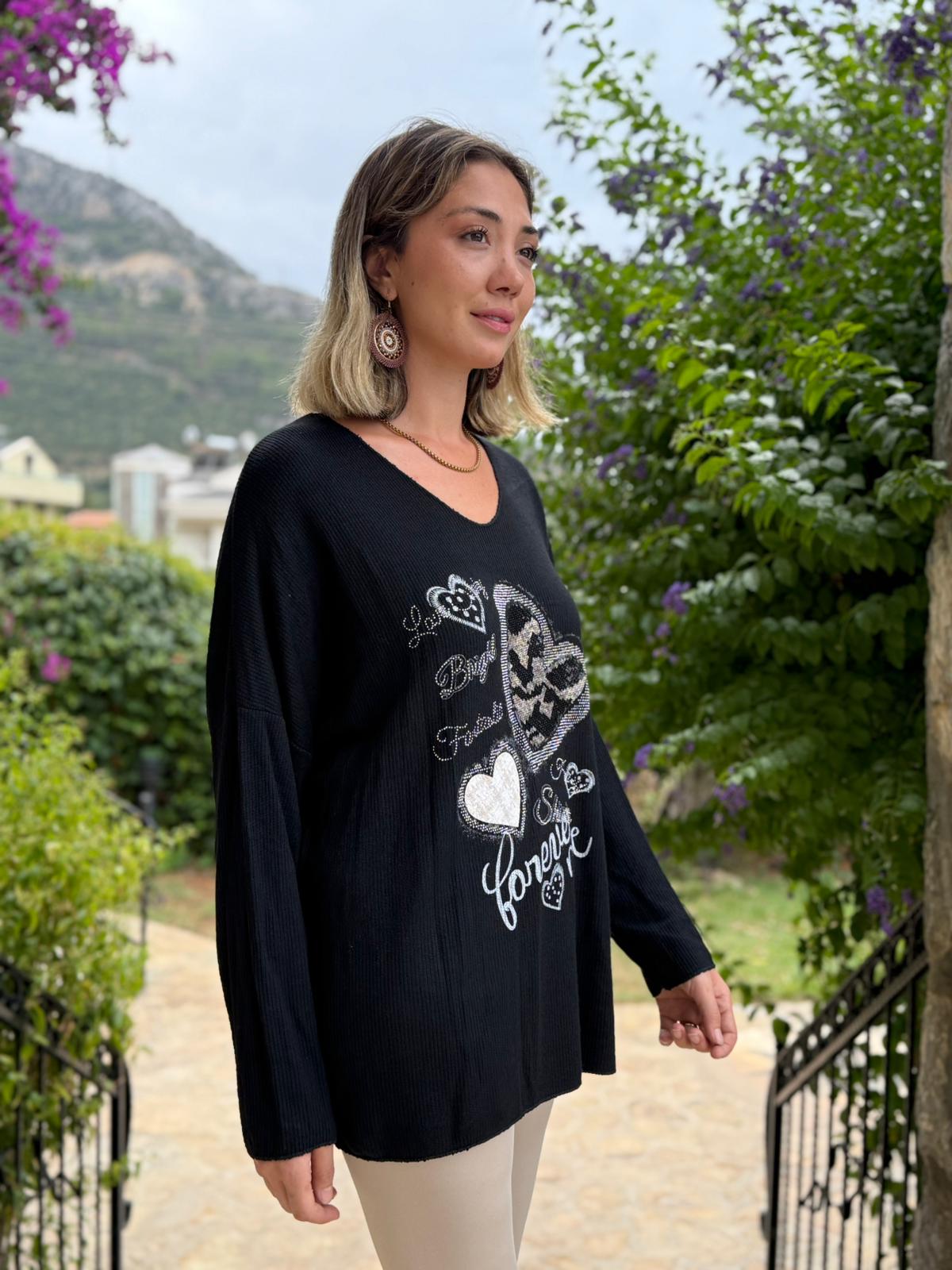 LS6211 İtalyan Kalp Desenli Triko Bluz Siyah