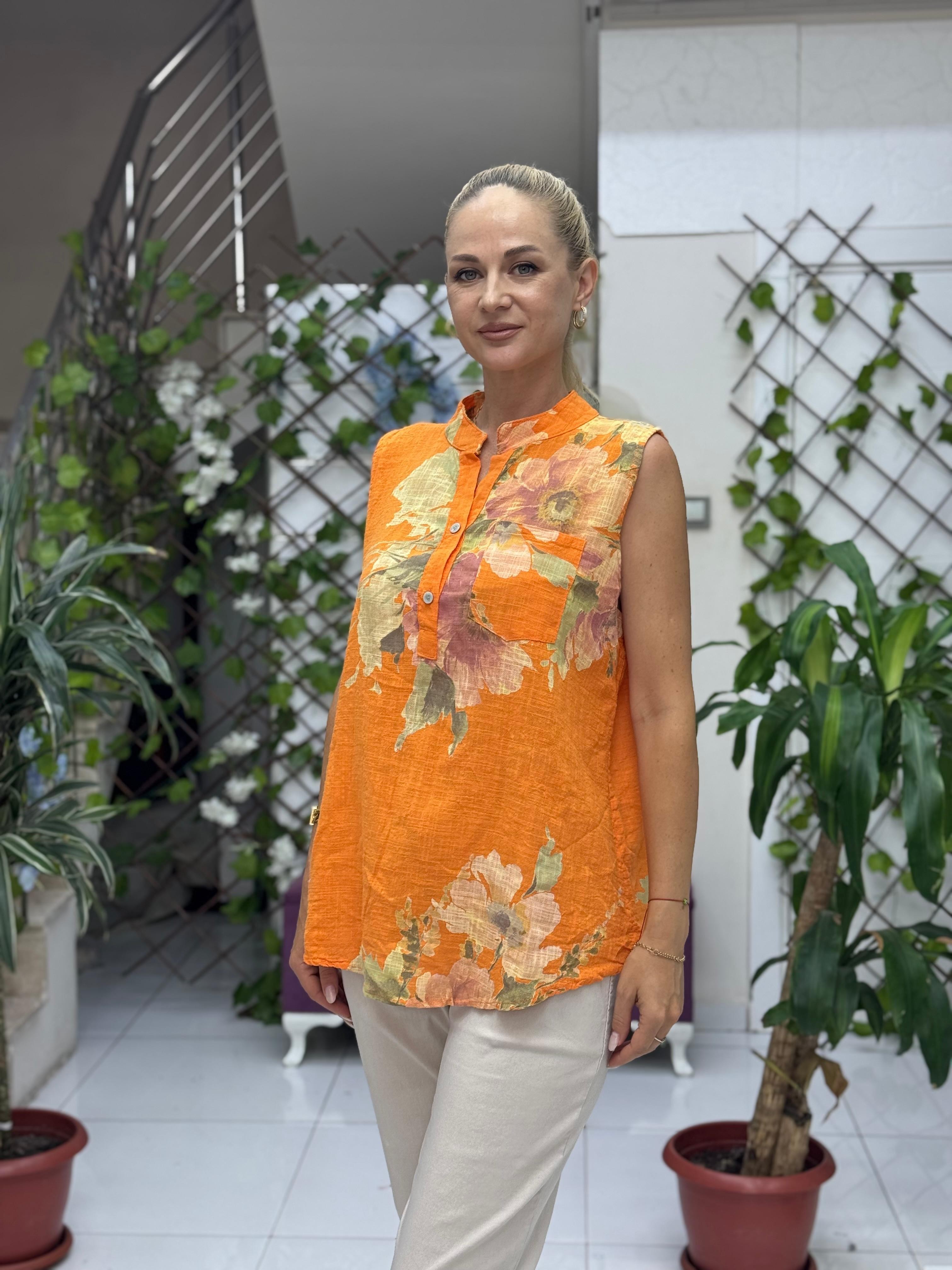 LS8819A Kolsuz Pamukketen Cepli İtalyan Bluz Oranj