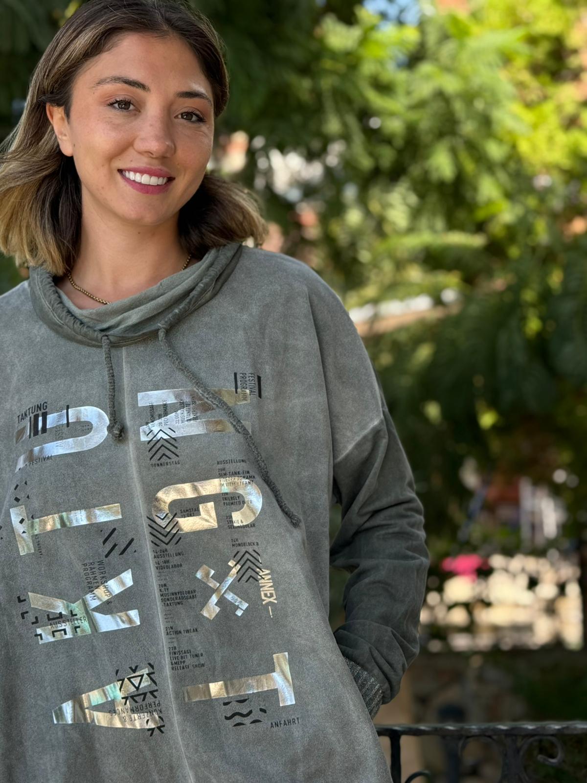 NC53050D İtalyan Yazı Baskılı Cepli Kapüşonlu Coton Sweatshirt Haki