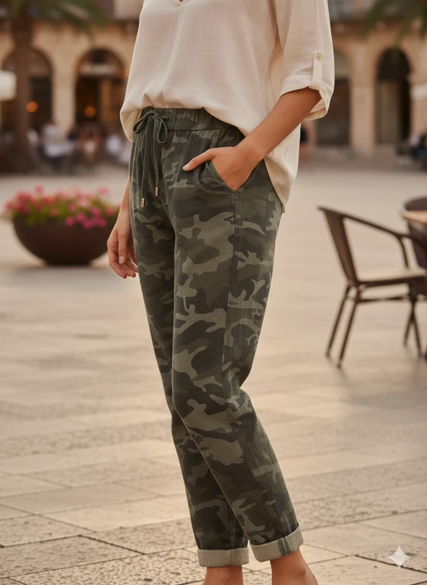 LS7312 Kamuflaj Desenli Likralı İtalyan Coton Pantolon Haki