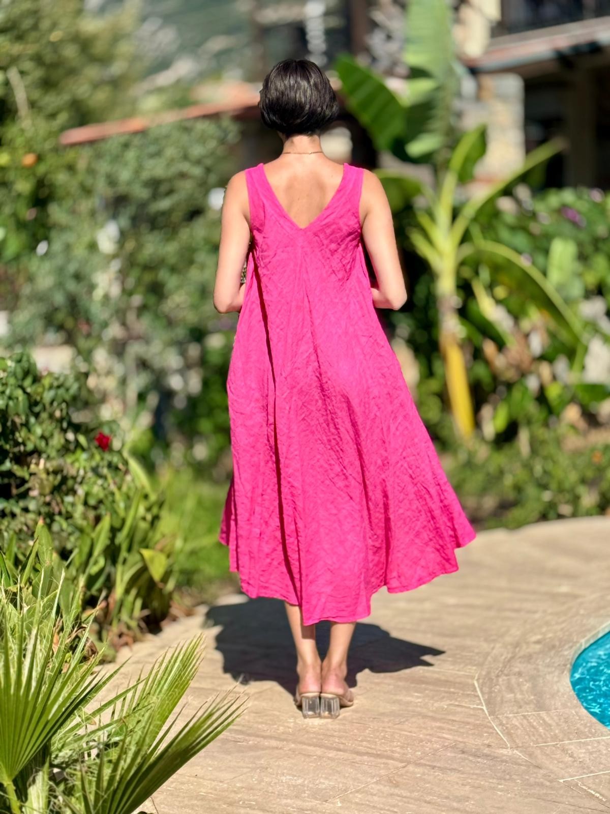 NC14916 İtalyan Kolsuz Keten Elbise Pembe