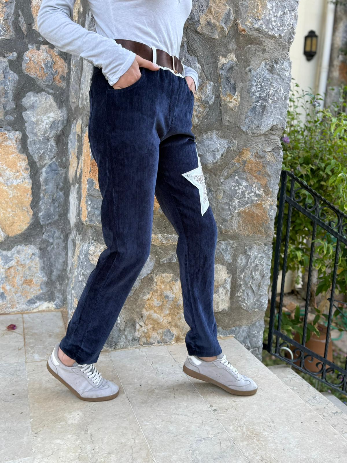 LS12520 İtalyan Yıldız Taşlı Kadife Pantolon Lacivert