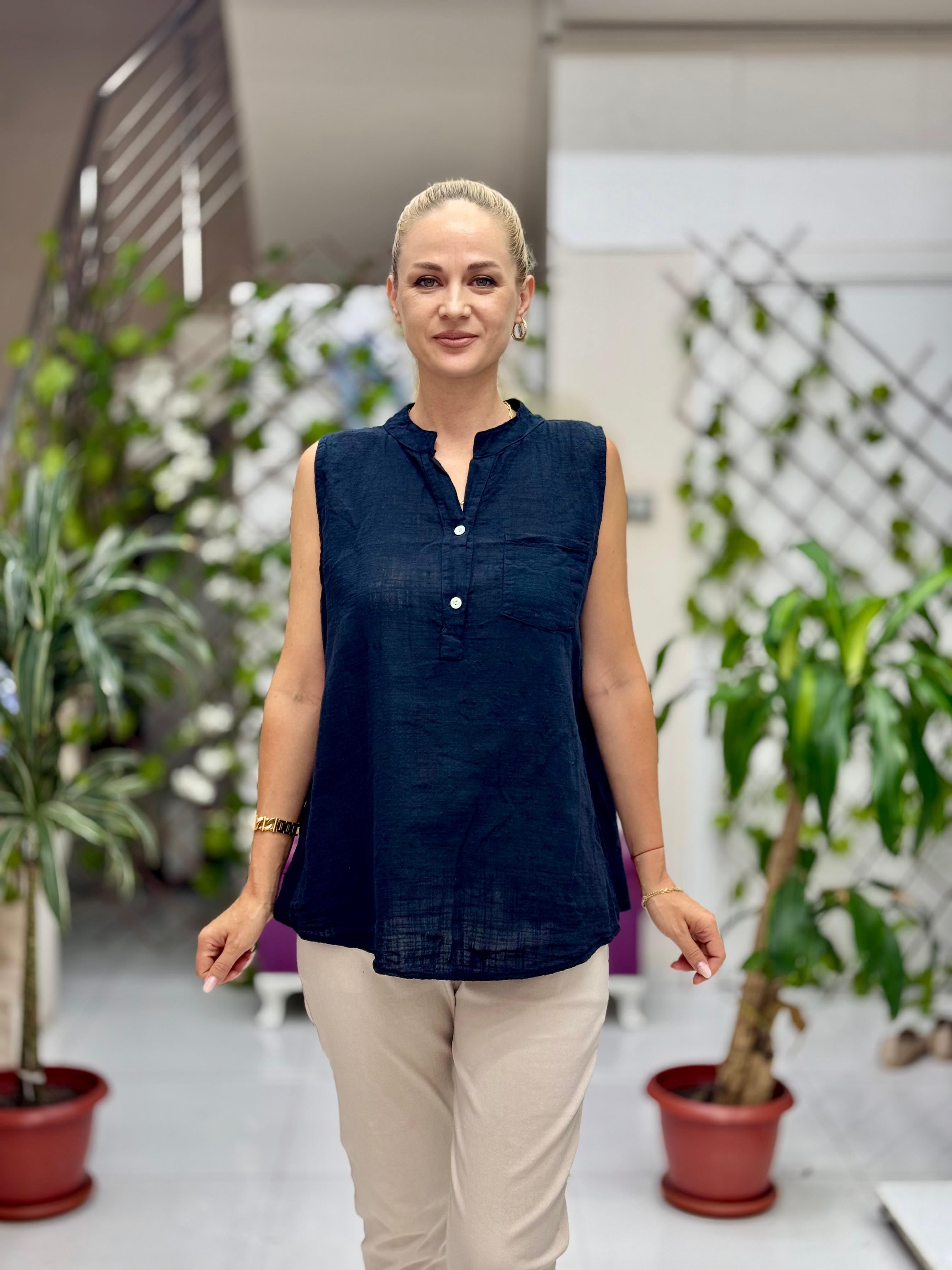 LS8819E Kolsuz Pamukketen Cepli İtalyan Bluz Siyah