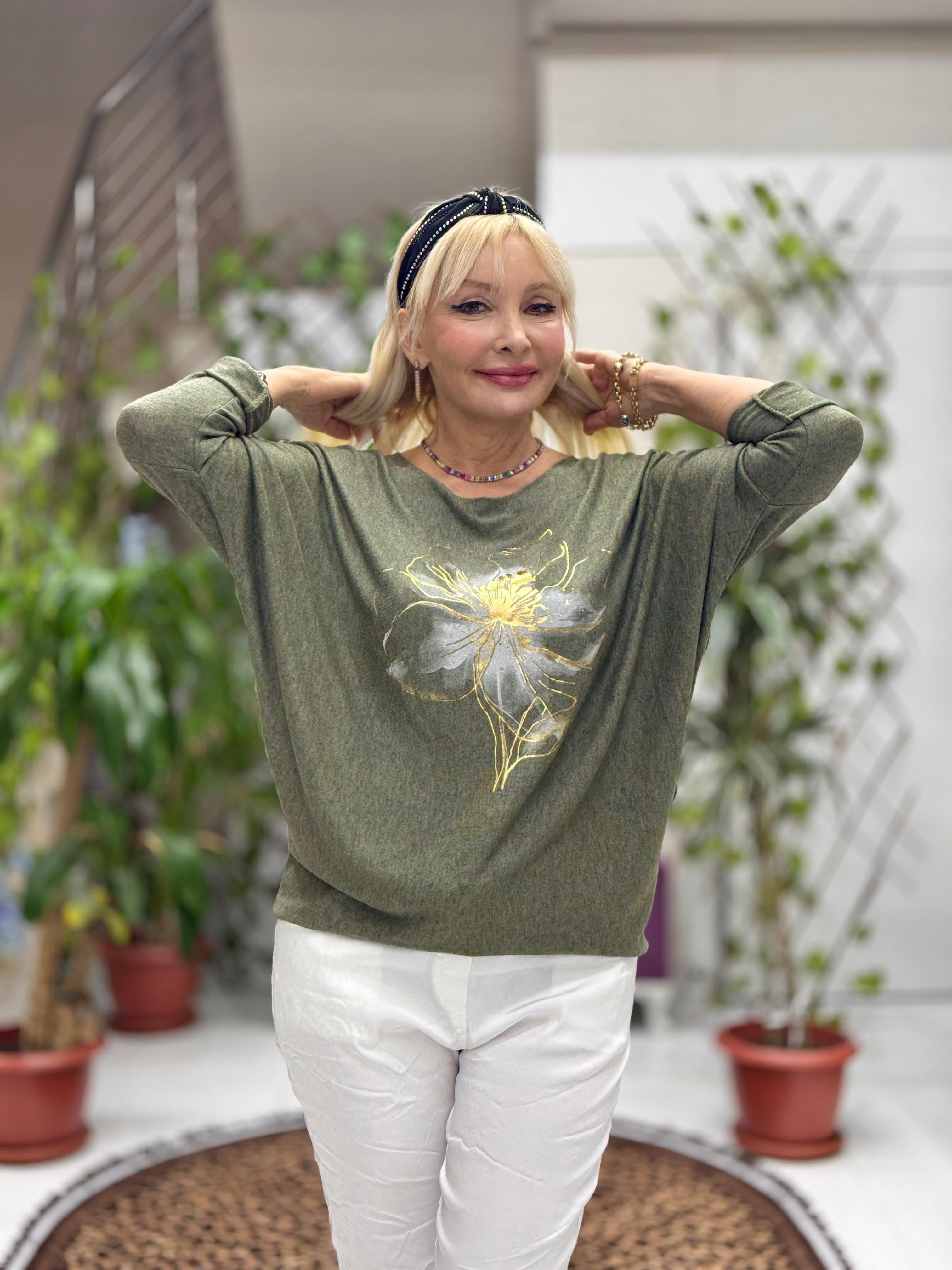 YG3003 Çiçek Baskılı İtalyan Triko Bluz Haki